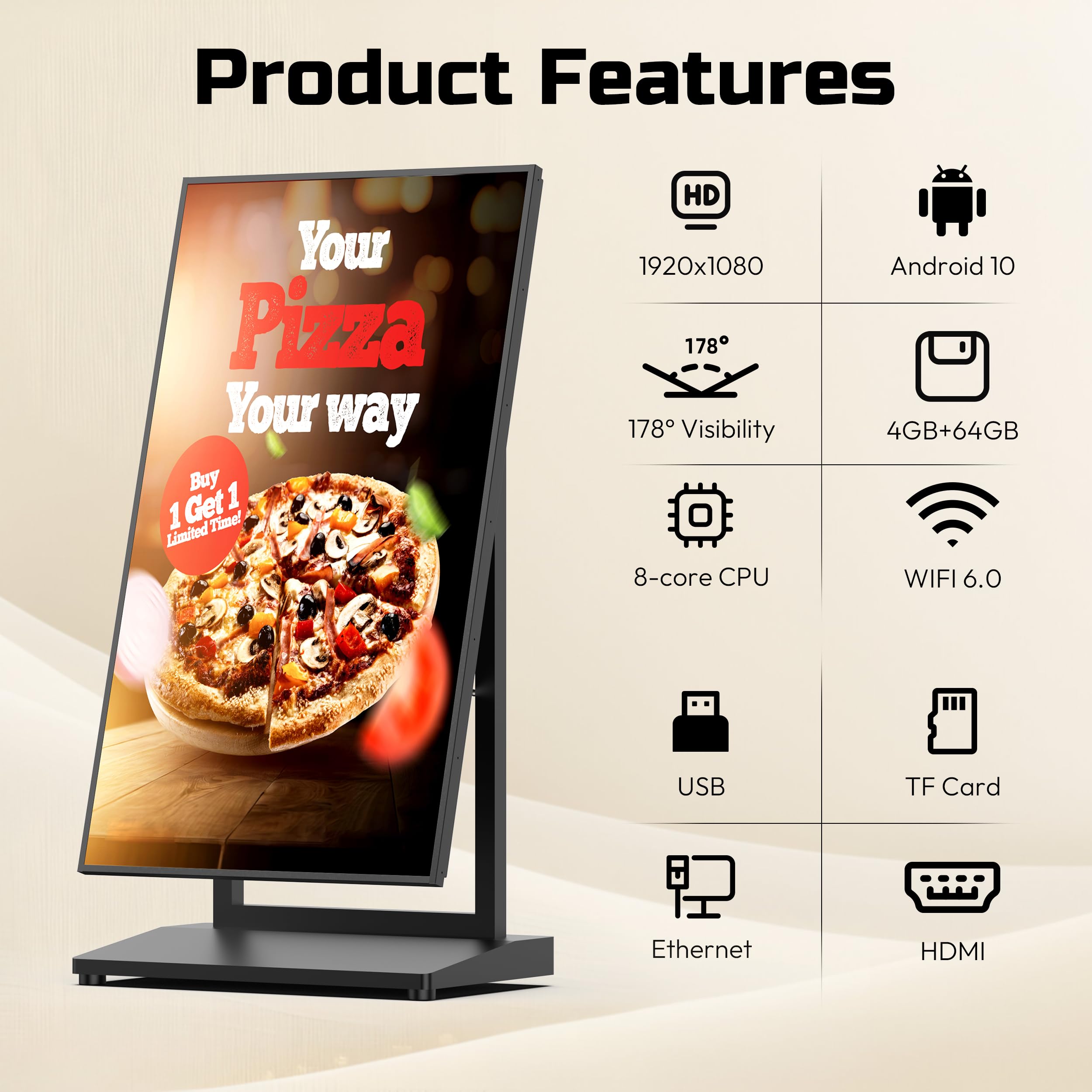 43 Zoll Digitaler Kundenstopper, 800 nits Digital Signage Display Kiosk LCD, Android 14, 4+64GB, App/Cloud/CMS Control, Ethernet/USB/HDMI/WiFi, für Food Trucks, Restaurants, 1 Stück