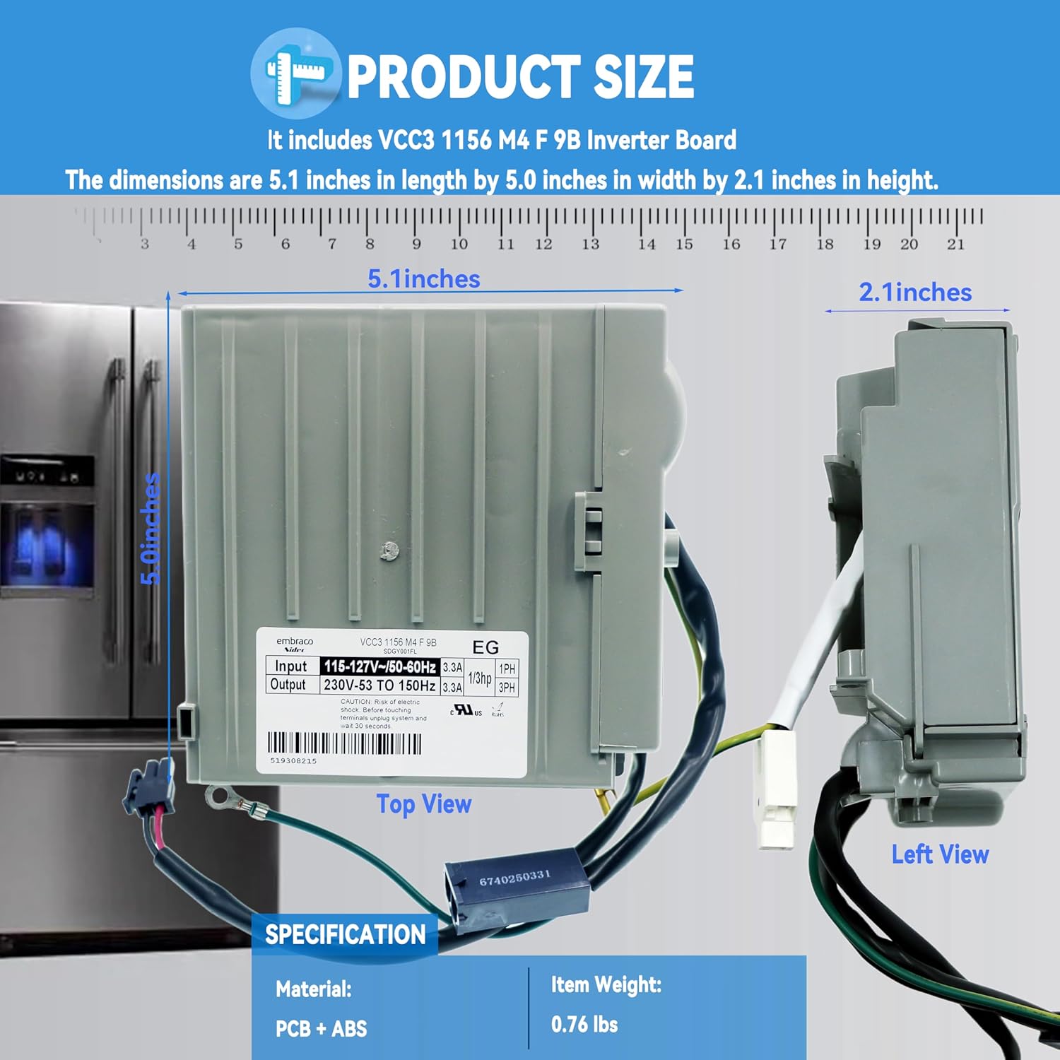 Upgraded Refrigerator Inverter Control Board VCC3 1156 M4 F 9B Replaces W10710090, W10154805, W10893917, WR55X10490 for Major Refrigerator Brands, 3.3A Output, Latest Manufacturing, 3 Year Warranty