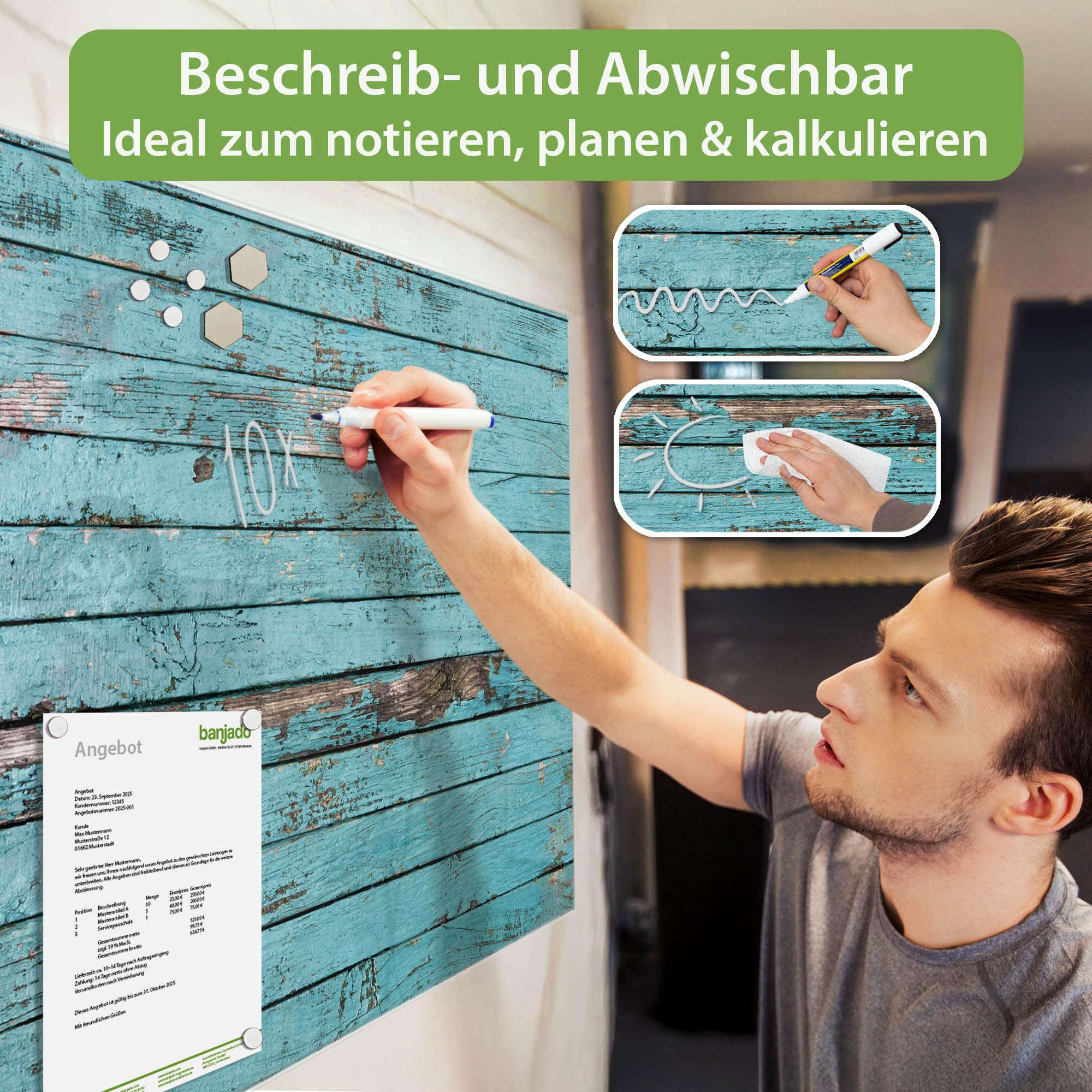 banjado Glas-Magnettafel in 60x40cm für Notizen in Holzoptik
