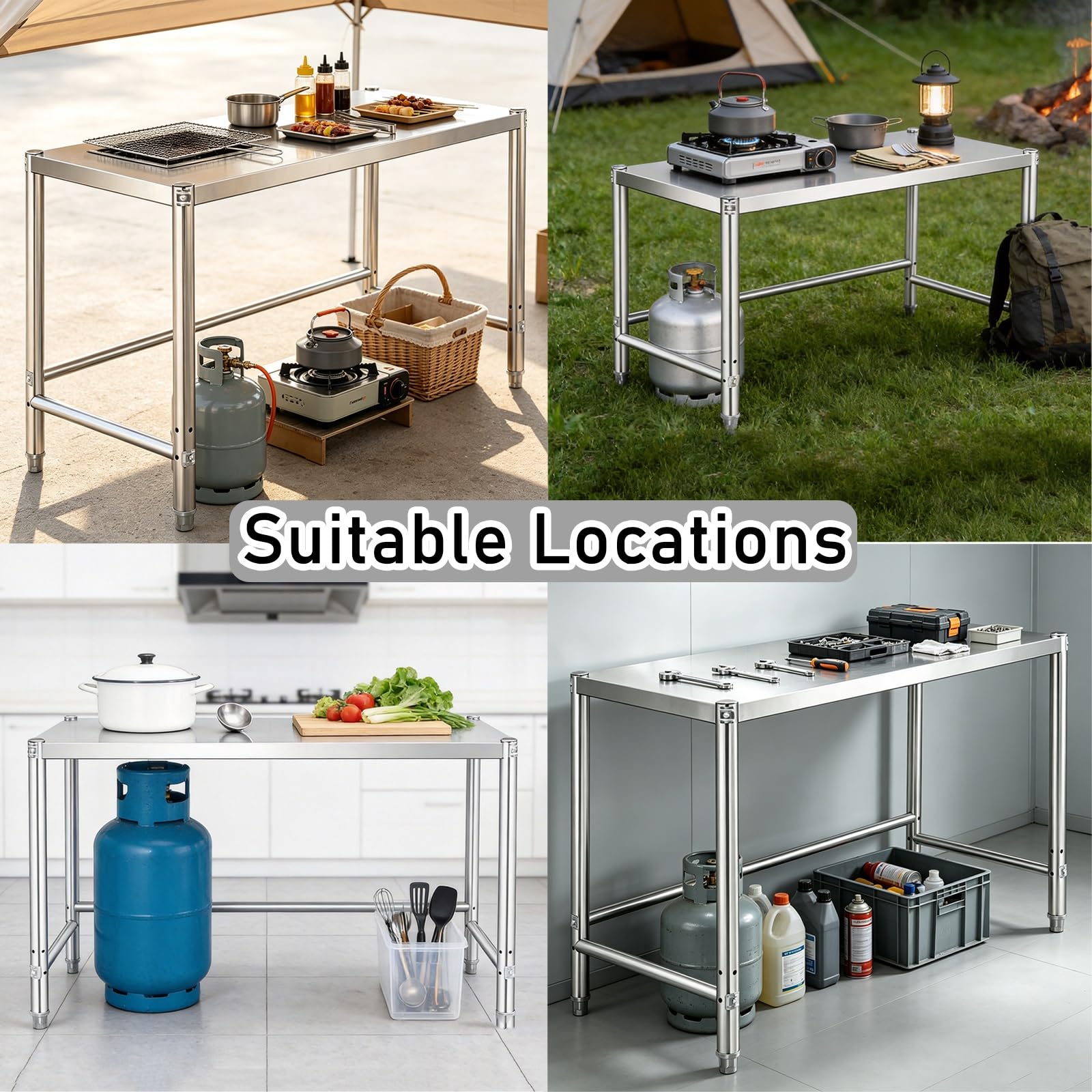 Mesa de Acero Inoxidable Solo Nivel Mesa de Trabajo de Cocina Estantería | Refuerzo de Travesaños Arriostramiento Triangular Pies Ajustables Alta Capacidad de Carga Superficies de Trabajo Reforzadas