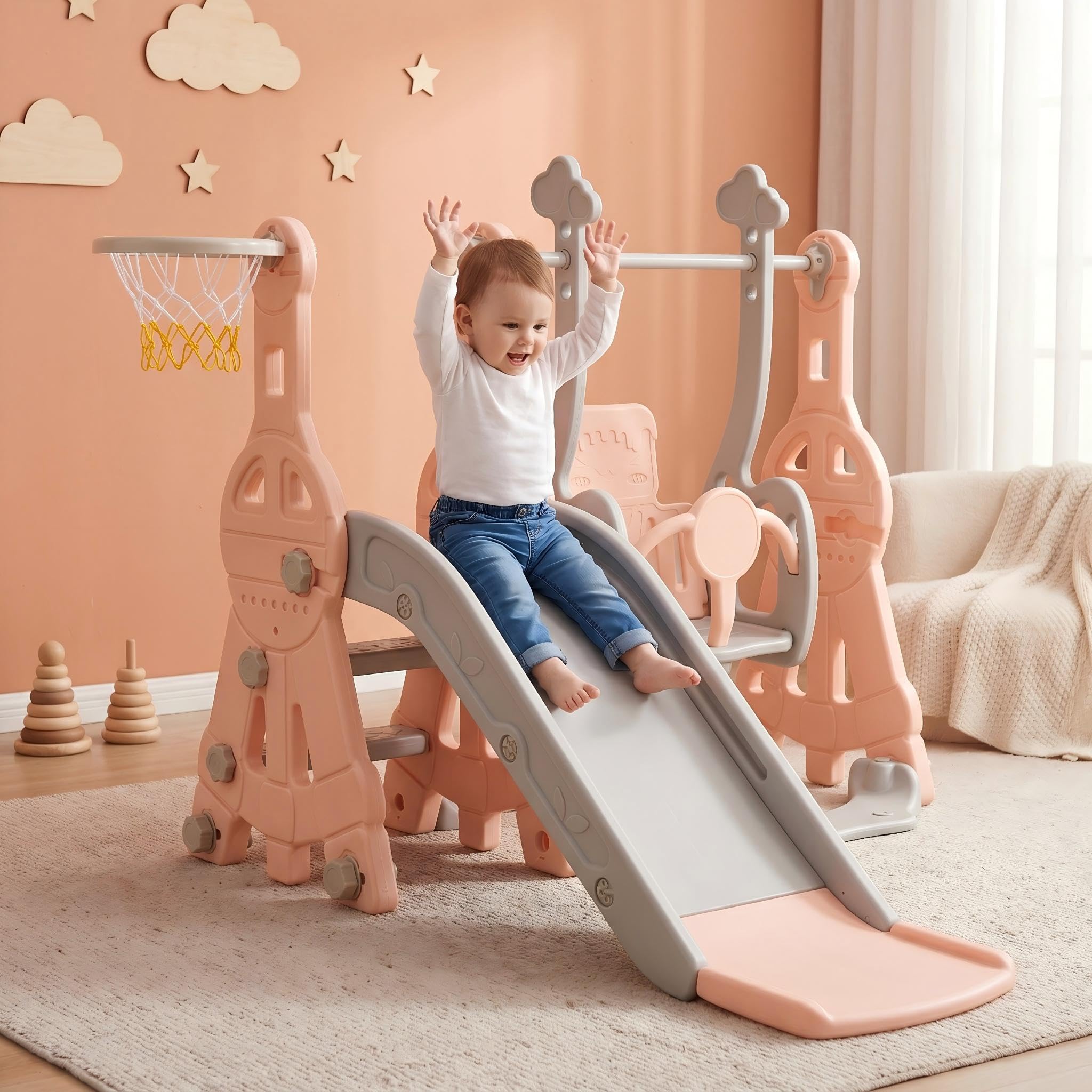 Tobogán al aire libre infantil, 4 en 1 columpio con tobogán con toboganes, escaleras, columpios y cestas de baloncesto, aplicable niños físicos completos casas jardines de infancia parques