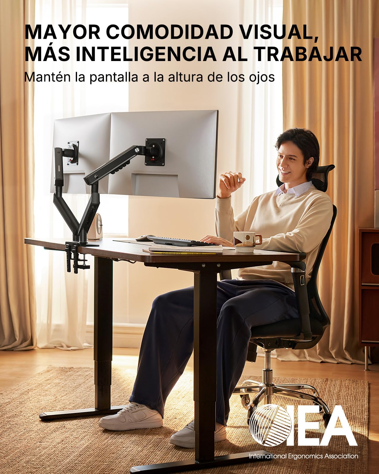 HUANUO Soporte Monitor Doble para Pantallas de 13 a 32" (máx. 9 kg), FlowLift Pro Brazo Monitor, MechaSpring con Inclinación/Giro/Rotación, Montaje VESA sin Herramientas, Montaje por Mordaza-C u Ojal