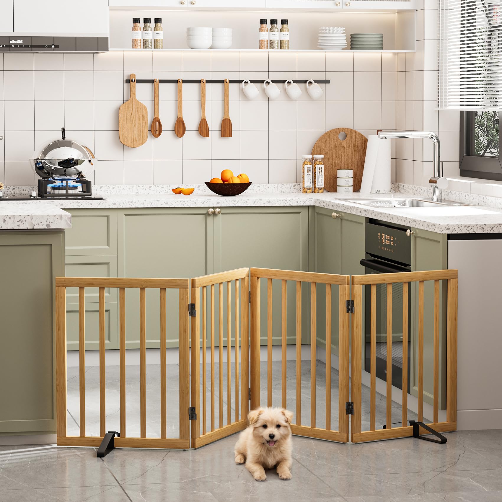 Semiocthome Freestanding Dog Gates and Barriers Indoor, Pet Gates for Doorways and Stairs, 60cm (H) - 4 Panels Puppy Gate with 2 Metals Stands, Adjustable Safety Fence Fit Up to 188cm - Natural — view 7