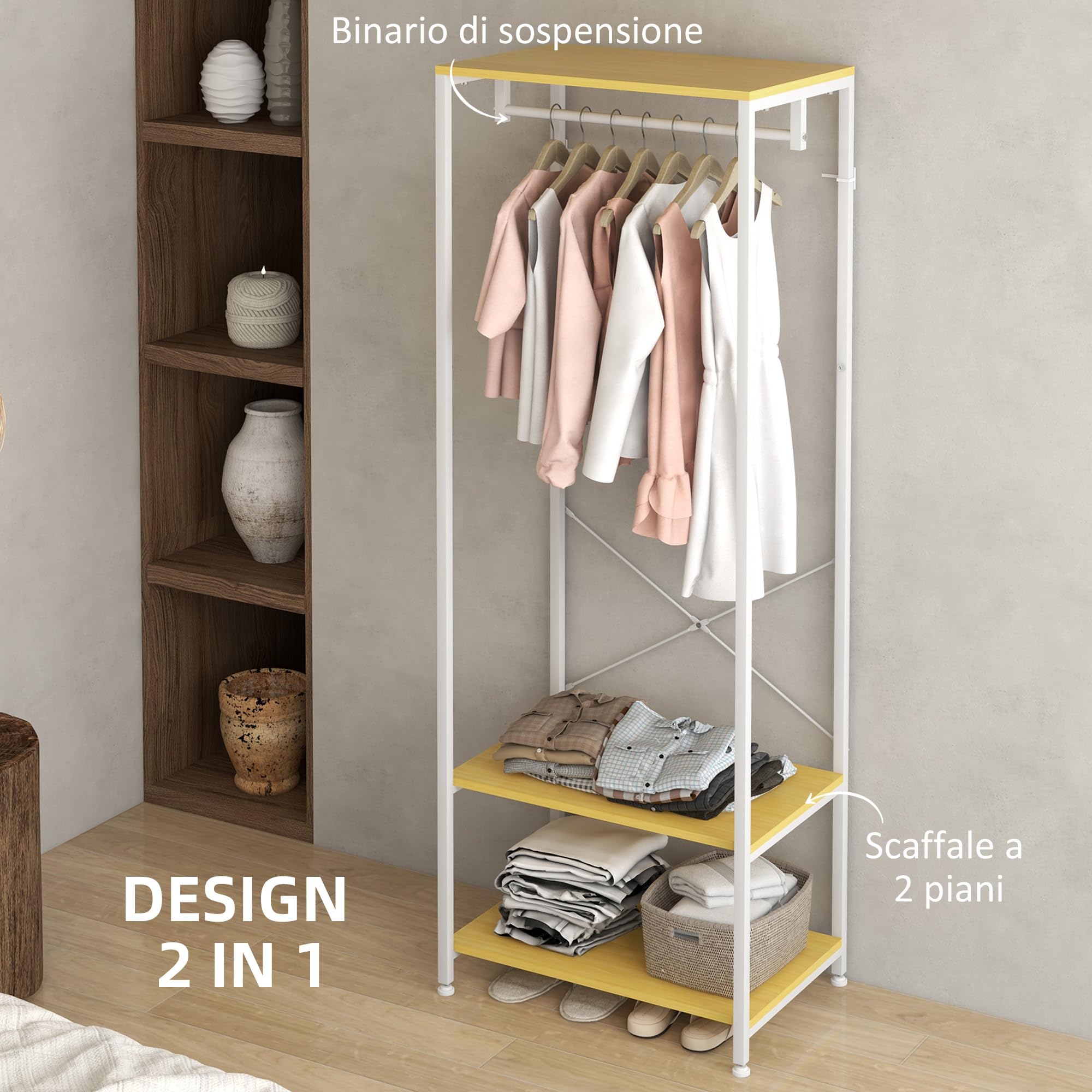 HOMCOM Mobile Appendiabiti 2 in 1 con Ripiano a 2 Livelli per Cappotti e Scarpe, Appendiabiti da Terra Moderno in Acciaio e Truciolato, 60x40x167.5 cm, Bianco e color Legno