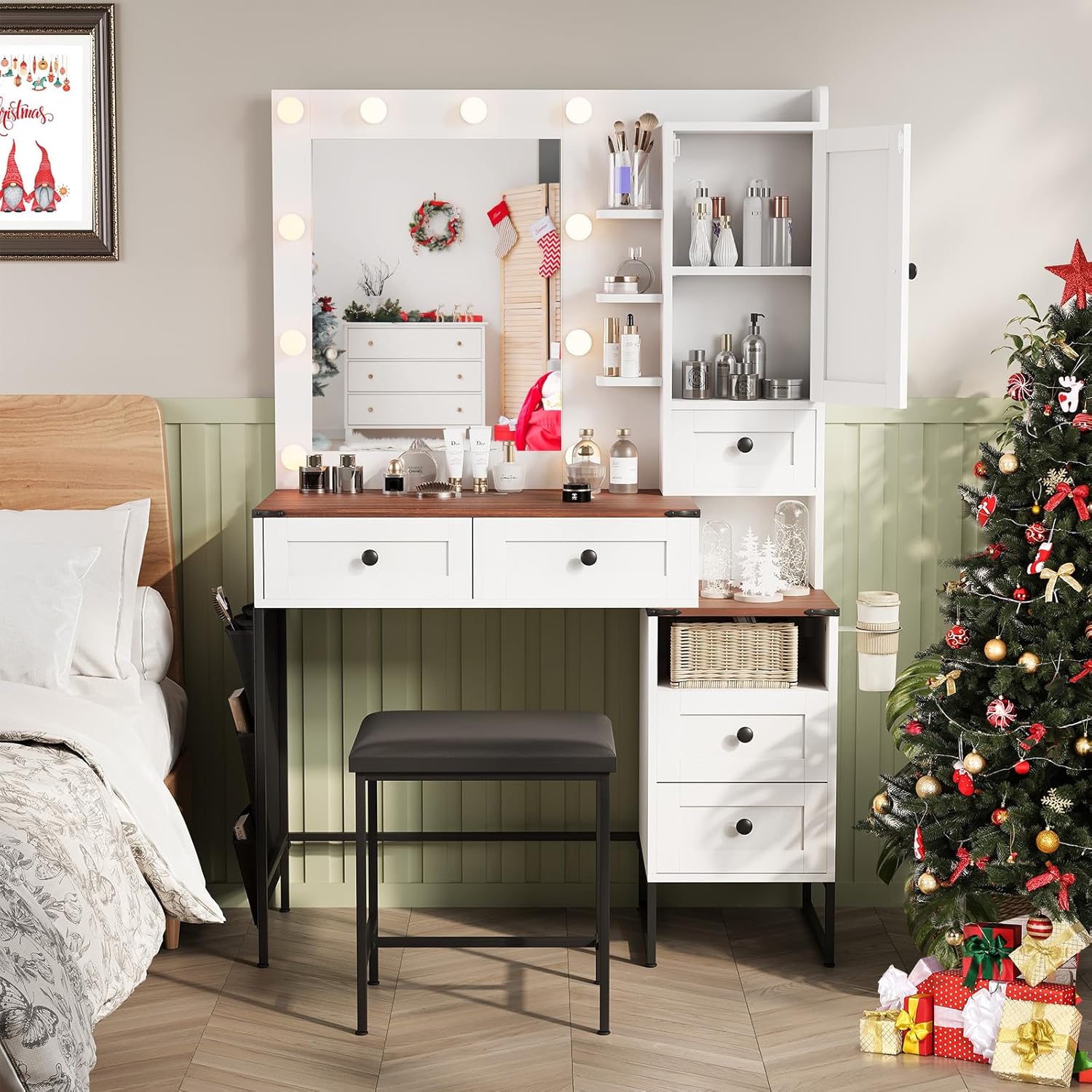 Farmhouse Vanity Desk with Mirror, 39" W Makeup Vanity Set with Power Outlet and Comfortable Bench, Big Dressing Table with Lights Mirror and Drawers for Makeup, Modern Vanity for Bedroom