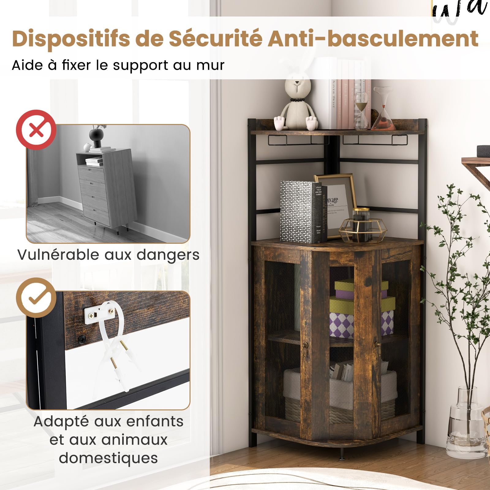 GOPLUS Meuble Cuisine à Vin d'angle Style Industrielle, Étagère Réglable et Porte en Maille, Meuble de Rangement sur Pied avec Porte-Verre à Vin pour Bar, Cuisine, Salon (Marron Rustique)