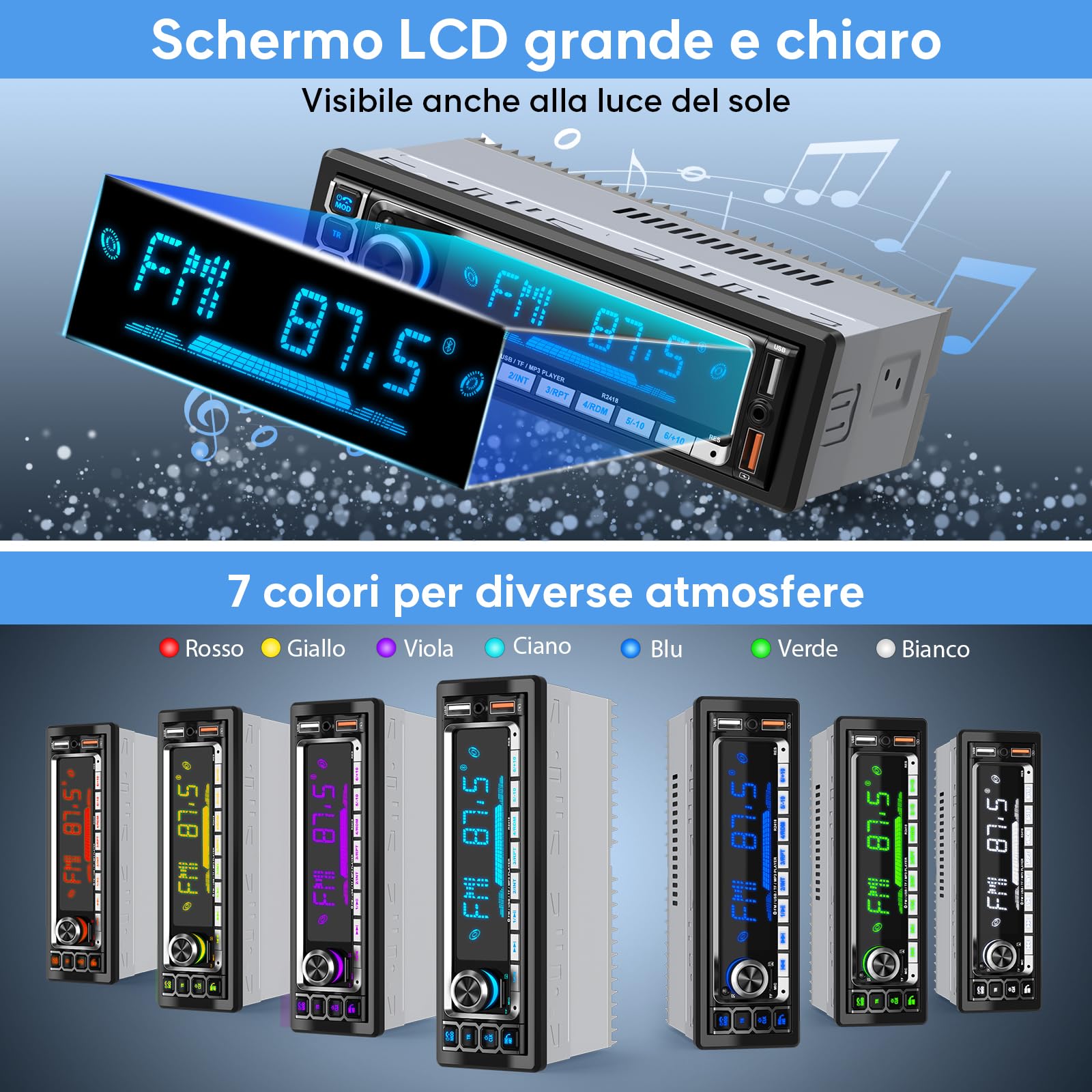RDS Autoradio Bluetooth 5.0 Vivavoce, Wistrue Stereo Auto Bluetooth FM/AM Autoradio1 Din per Auto, Supporto Vivavoce 2USB/AUX/SD/TF/iOS Android