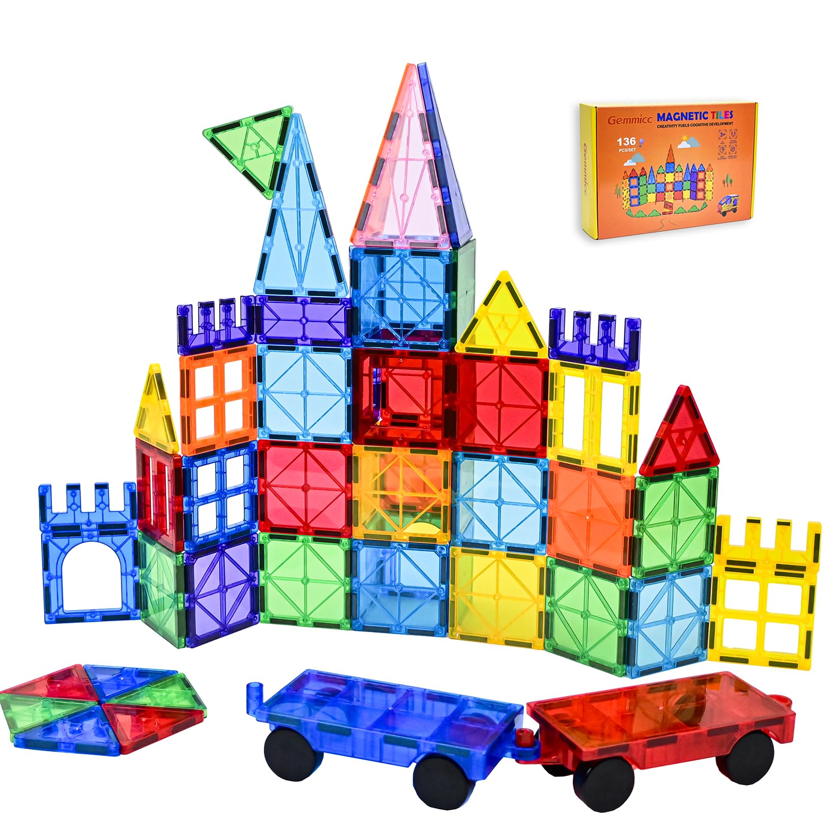 GemmiccMagnetic Tiles, Deluxe 136 PCS Building Blocks Magnet Toys for Kids,3D Magnet Puzzles Stacking Blocks for Boys Girls,Huge Set with 2 CarsGlobal Recycled StandardGlobal Recycled StandardGlobal Recycled Standard