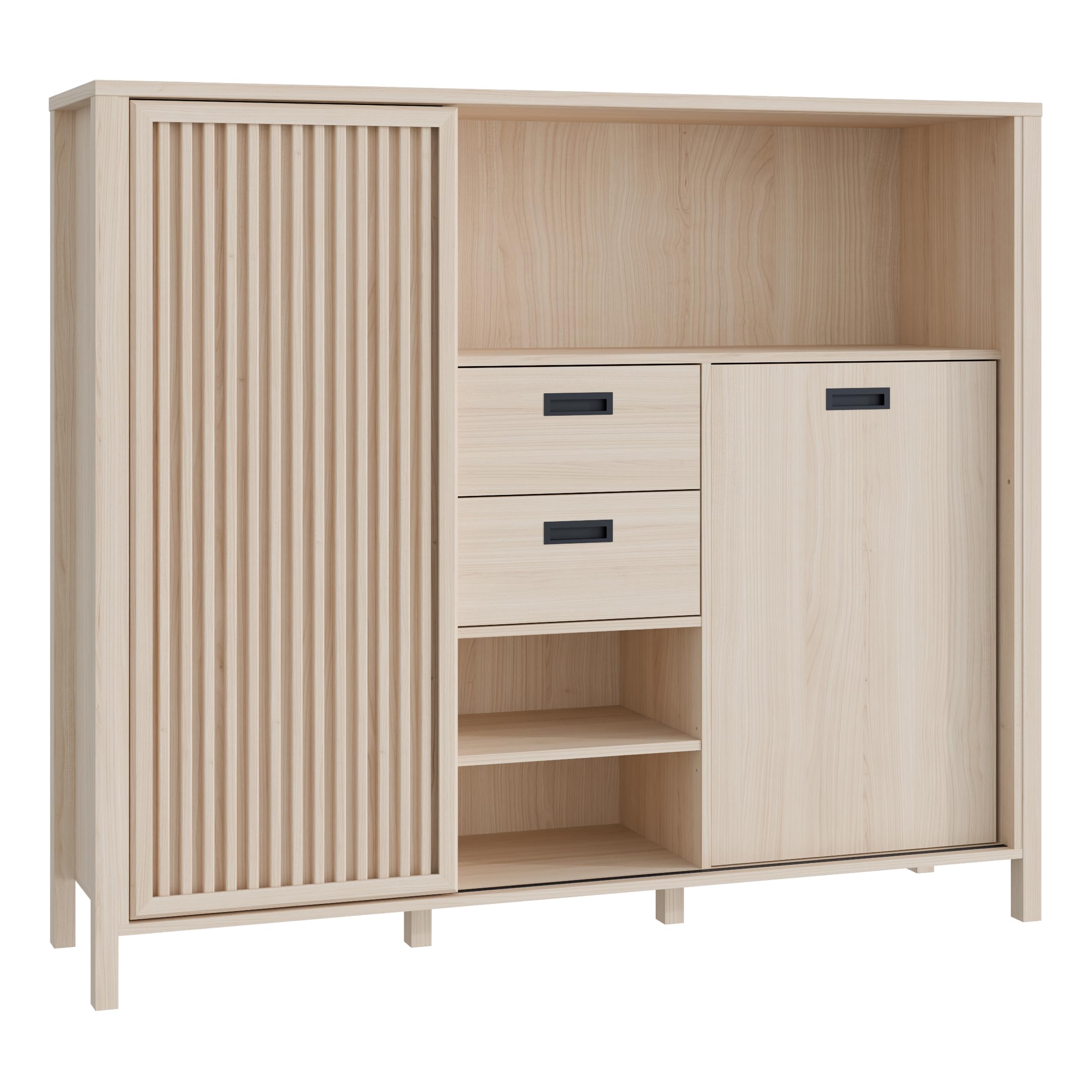 Forte JYTANA Schrank 150, skandinavischer Schrank mit 2 Schubladen und Schranktüren und 3 Regalfächern, Riva Eiche Holzdekor, 149,9 cm breit x 129,9 cm hoch x 40,2 cm tief