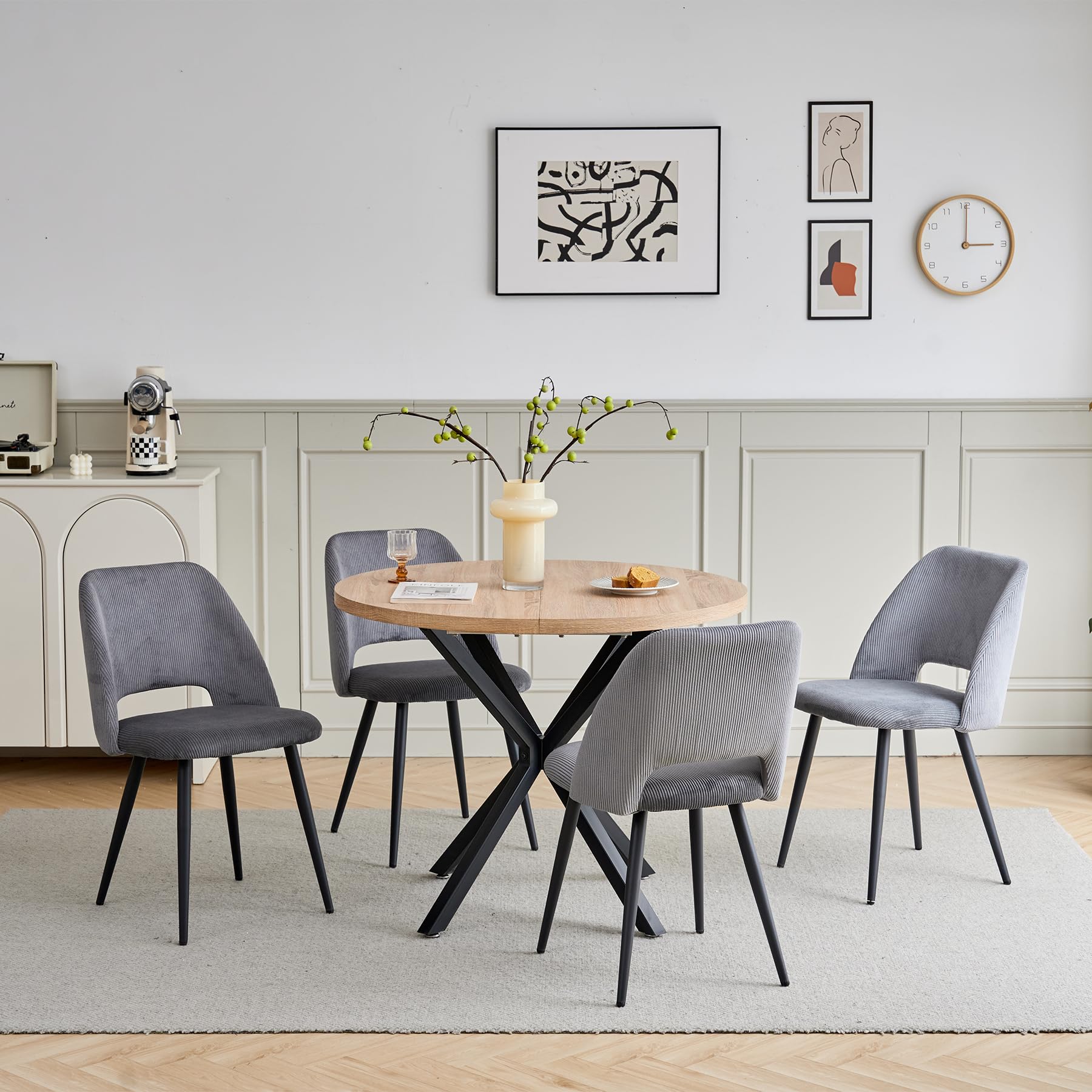 Esstischgruppe mit 4 Stühlen, 100cm Runder Tisch mit 4 Gepolsterte Samt-Esszimmerstühle, Mittelcentury Modern Design für Küche, Wohnzimmer, Restaurants (Helle Holzmaserung+Grau)