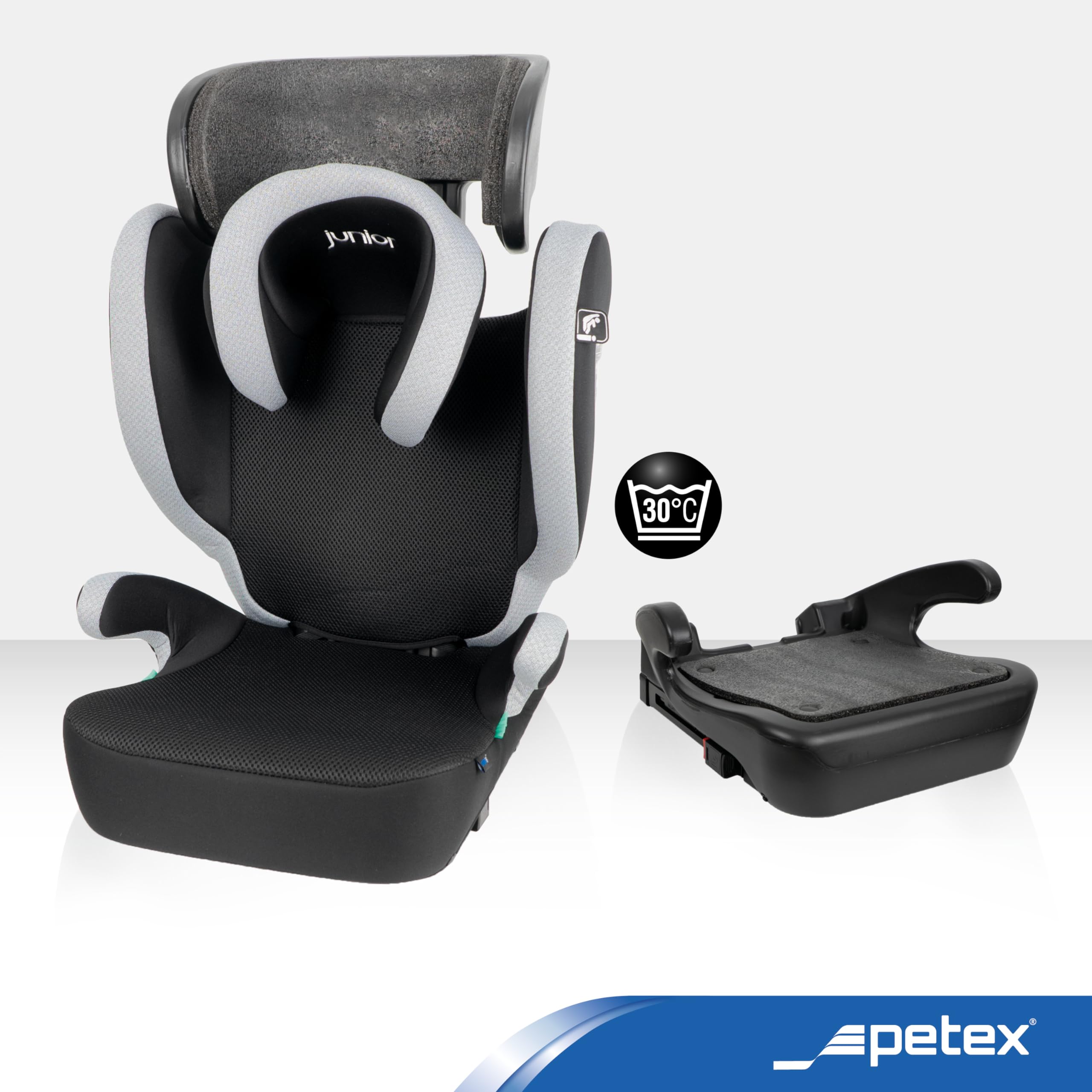 PETEX Fotelik samochodowy dla dzieci z ISOFIX – Basic Plus i-Size zgodny z normą ECE R129 dla dzieci w wieku od ok. 100 – 150 cm, z regulacją wysokości fotelik samochodowy w kolorze szarym, 1 sztuka