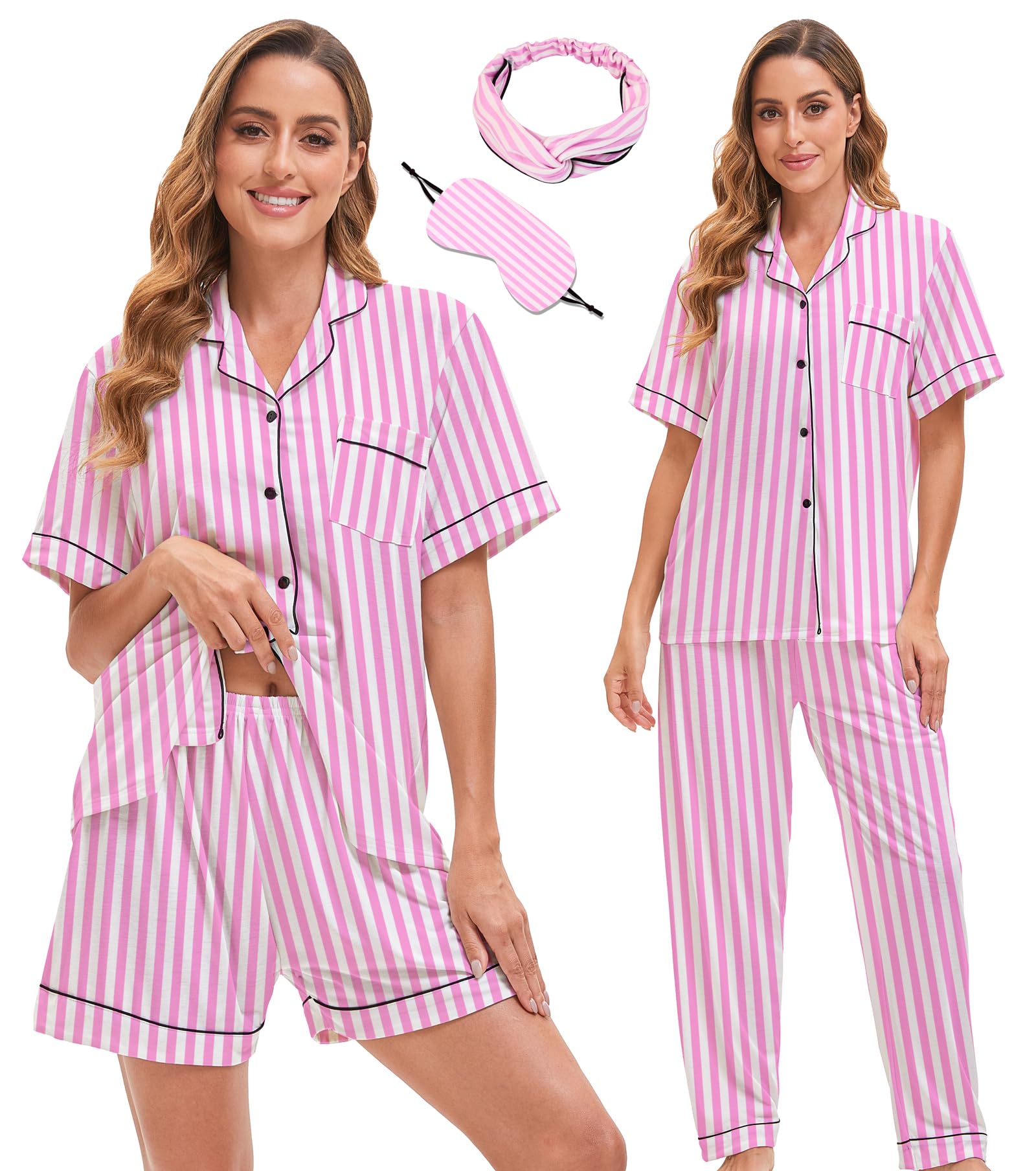 MORFORU 3 Piece Button Up Pajamas for Women Set Soft Pajama Shorts Pants Short Sleeve Pjs Sleepwear Pj Lounge Sets