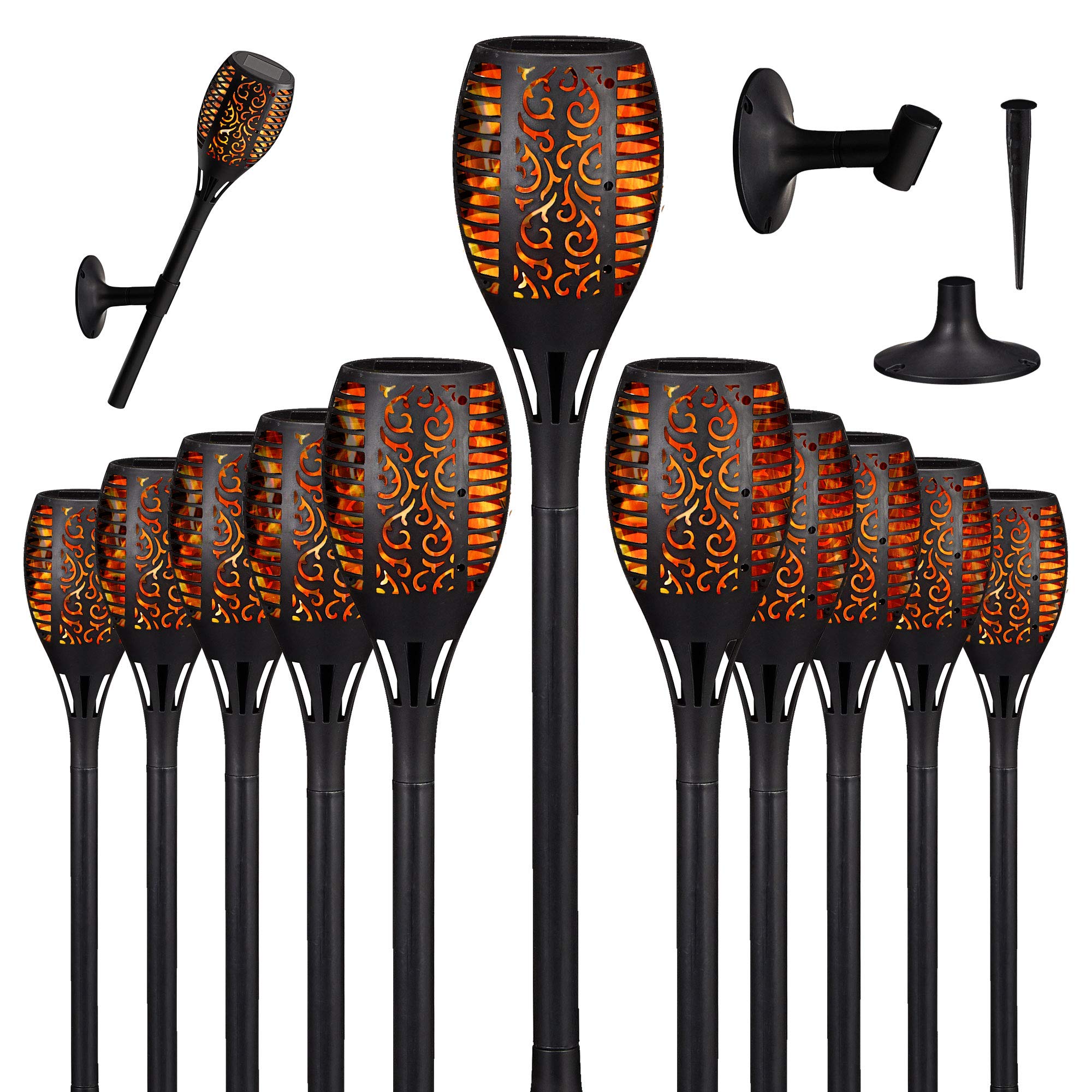 Lot de 12 torches solaires LED - Environ 58 cm - Support mural