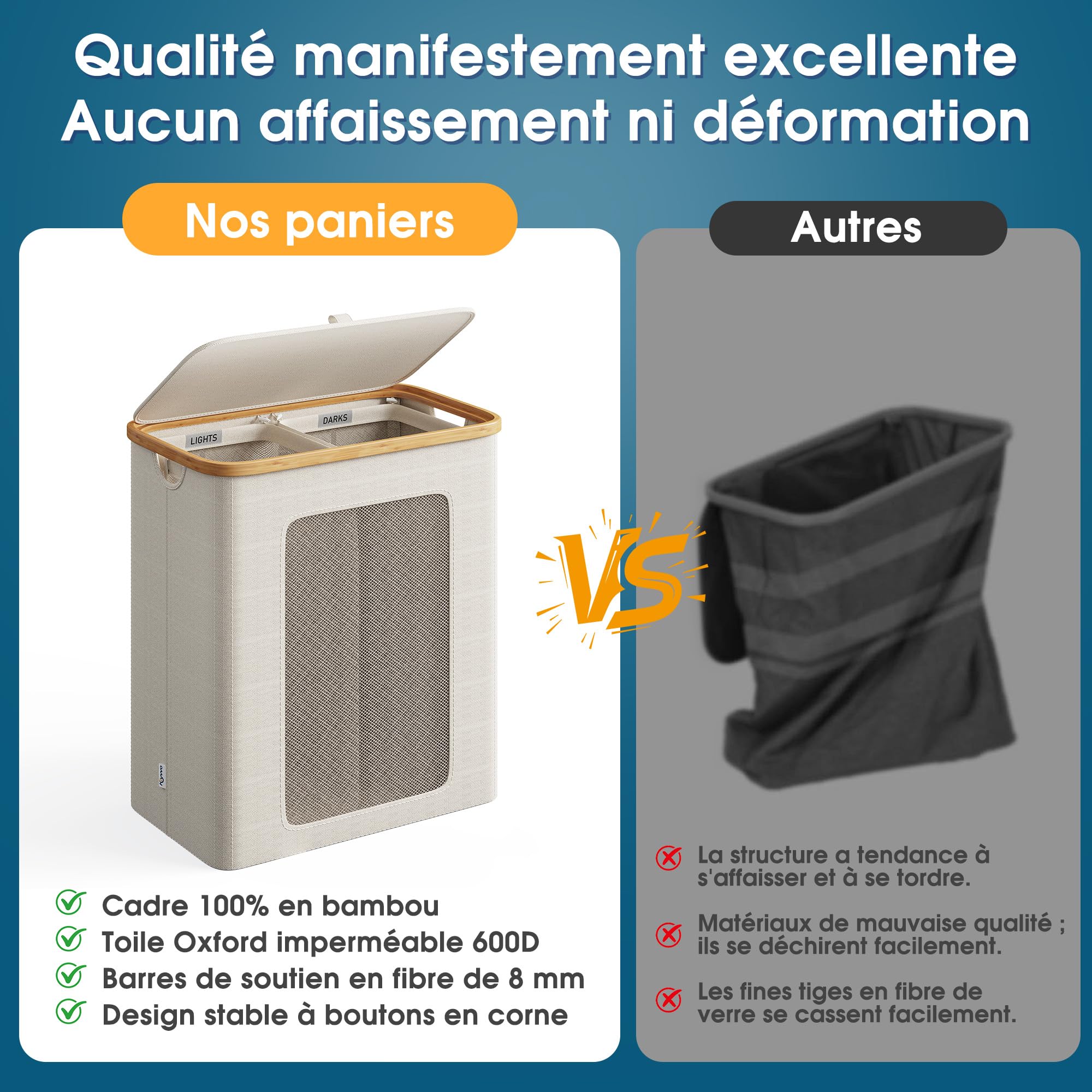 Panier à Linge 2 Compartiments avec Couvercle 140L, en Cadr Bambou & Tissu Oxford 600D Étanche, panier linge sale avec Sacs Intérieurs Amovibles, parfait pour la Buanderie, la Chambre, Beige