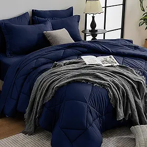 HEVUMYI Navy Blue King Comforter Set - 7-Piece All Season Bed in a Bag King, Ultra Soft Bedding Set with Comforter, Flat Sheet, Fitted Sheet, Pillowcases, Pillow Shams, Navy Blue