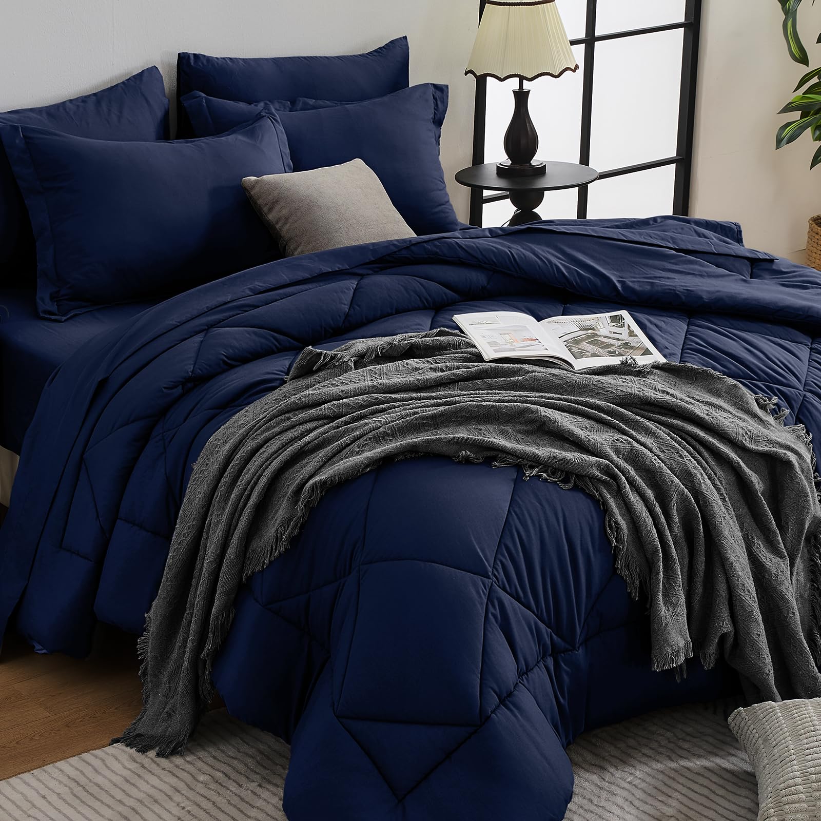 HEVUMYI Navy Blue King Comforter Set - 7-Piece All Season Bed in a Bag King, Ultra Soft Bedding Set with Comforter, Flat Sheet, Fitted Sheet,