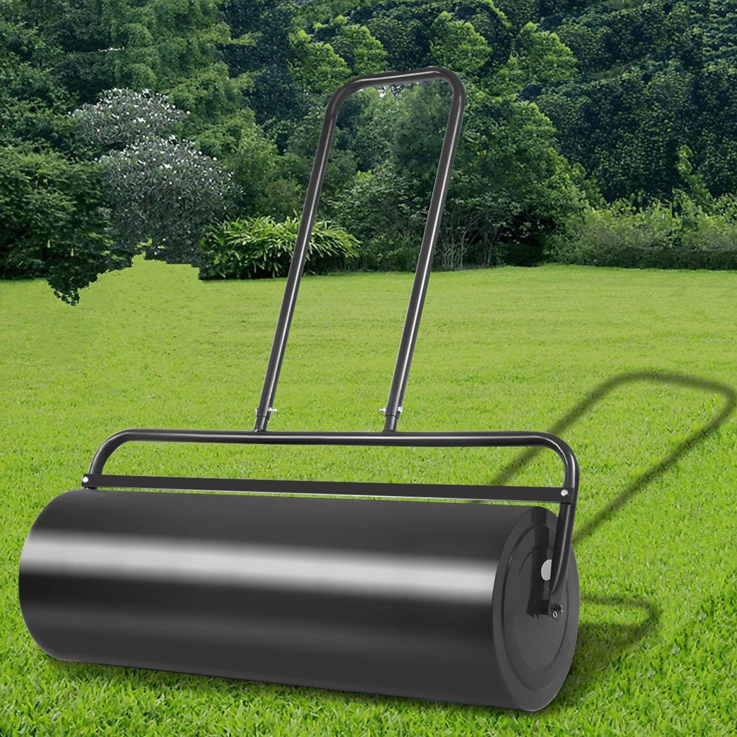 COSTWAY 48L/60L/63L Garden Grass Roller, Large Capacity Lawn Push Rolling Tool, Heavy Duty Drum & Removable Drain Plug, Fill with Water or Sand, Premium Galvanized Steel (48L, Black)