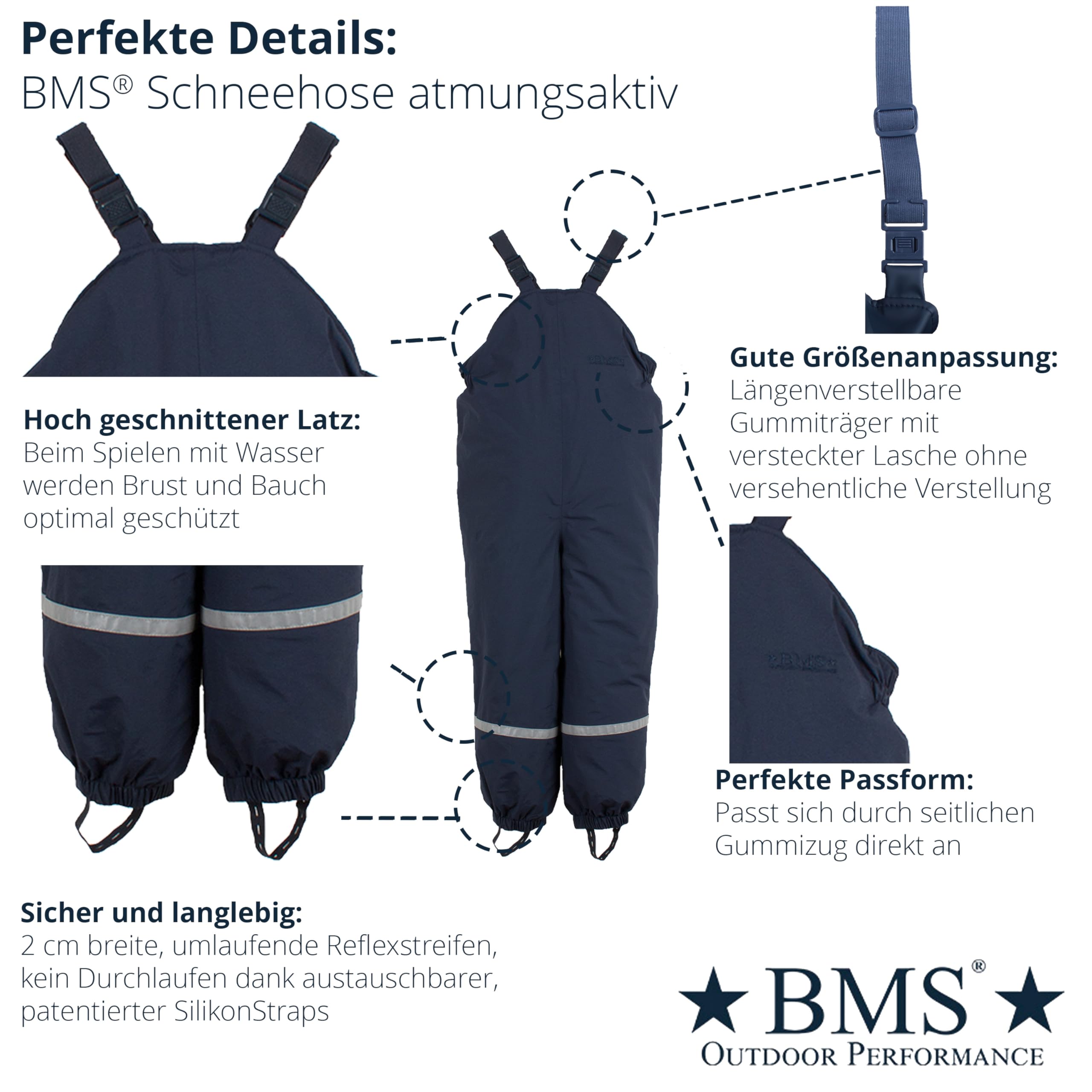 BMS® Schneehose gefüttert für Kinder, ideale Winter- und Ski-Hose, 100% wasserdicht, besonders atmungsaktiv Dank SoftLan, Wattierung, Oeko-Tex, strapazierfähig, langlebig für Mädchen, Jungen