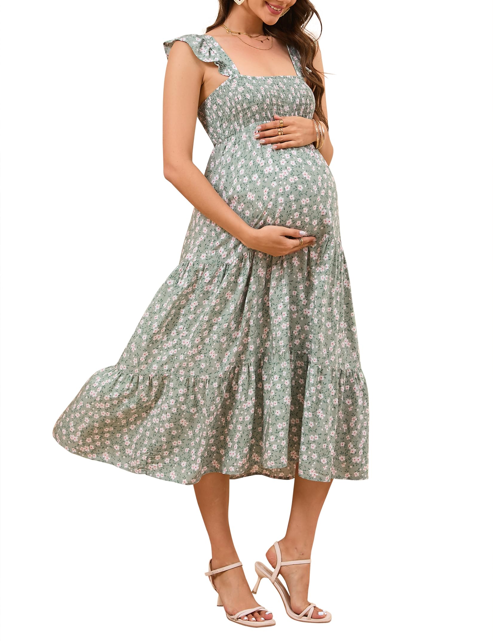KOJOOIN Womens Maternity Dress Summer Sleeveless Smocked Square Neck Ruffle Casual Boho Midi Dress Baby Shower Photoshoot
