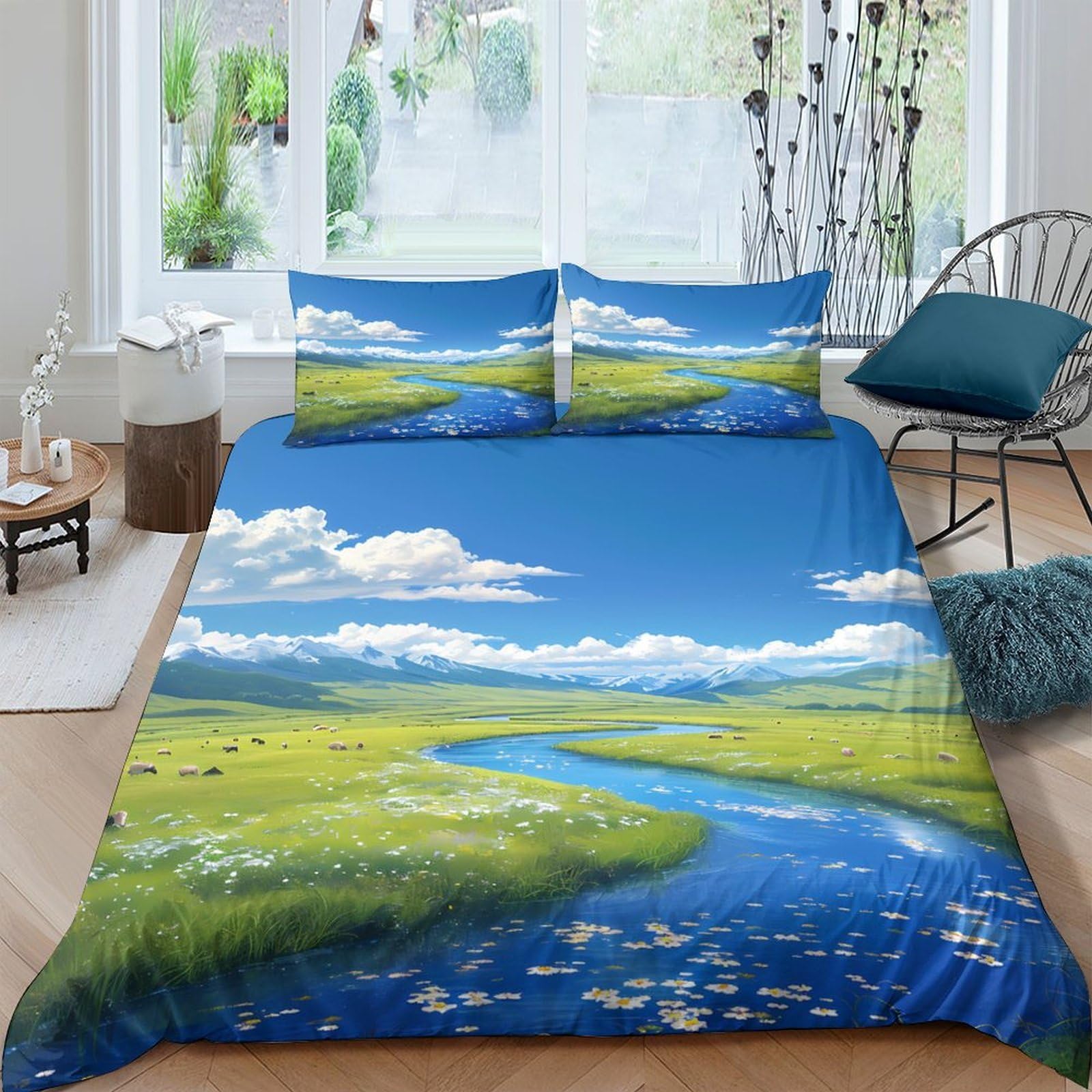 Ctjqhvkz Style-6 3D Printed Scenic River Fitted Sheet Microfiber Blue Green Landscape Bed Cover For Bedroom Guest Room Decor Protection Single（135X200cm）