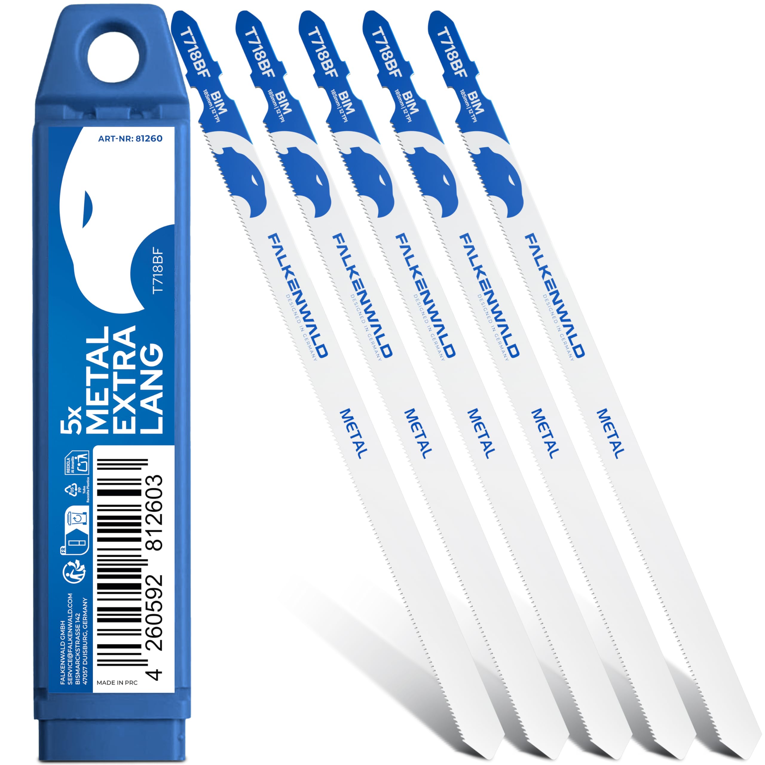 FALKENWALD® Stichsägeblätter Metall 5x T718BF – Extra lange Sägeblätter 180 mm für Metall, Kunststoff & Sandwichpaneele – HSS Bi-Metall, T-Schaft kompatibel, gratfreier Schnitt