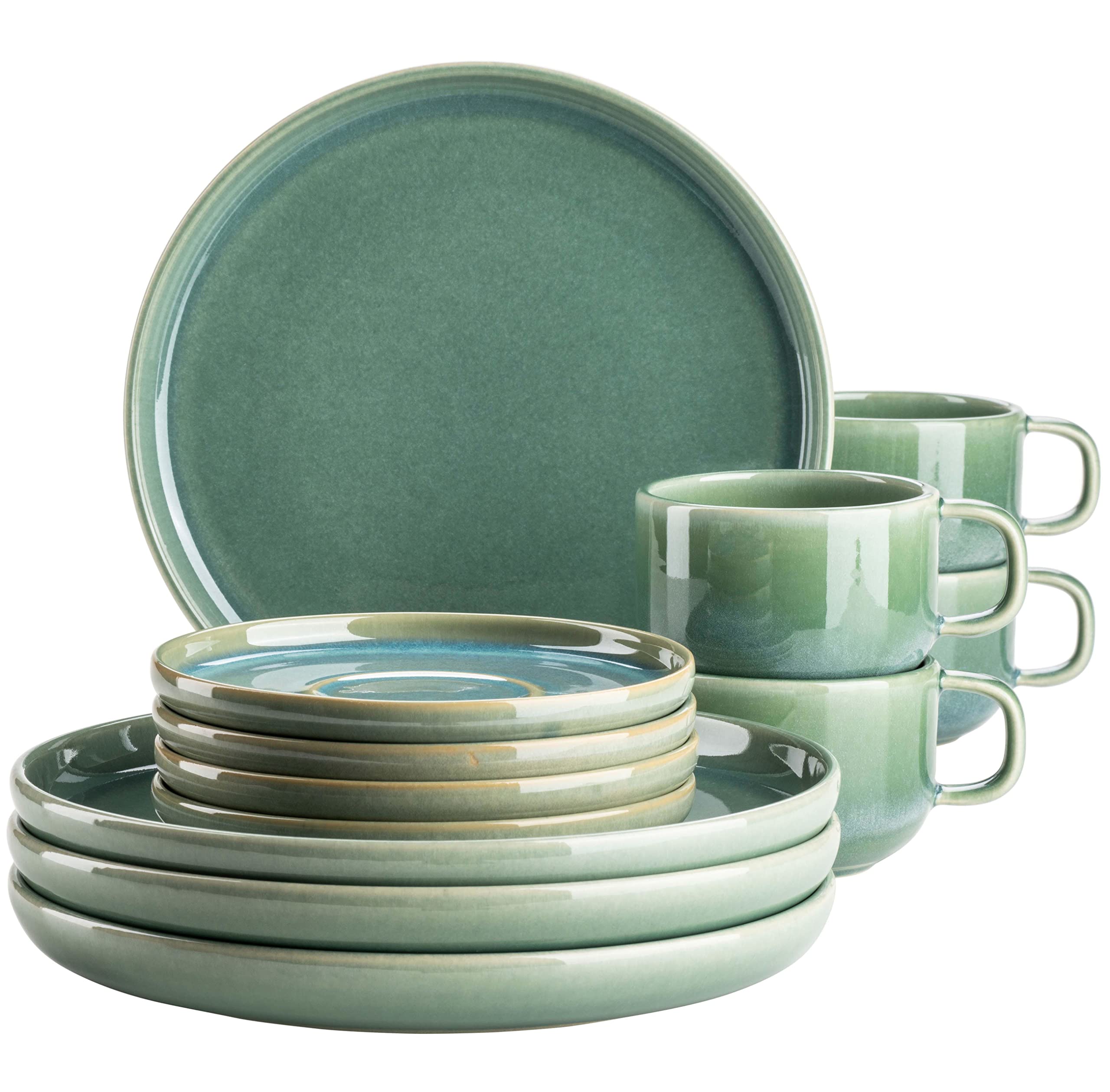 MÄSER Serie Elina Uno, Modernes Kaffeegeschirr Set mit unregelmäßiger Effektglasur für 4 Personen, mit Dessertteller, Kaffeetassen und Untertassen, 12-teiliges Kaffeeservice, Steinzeug, Beach