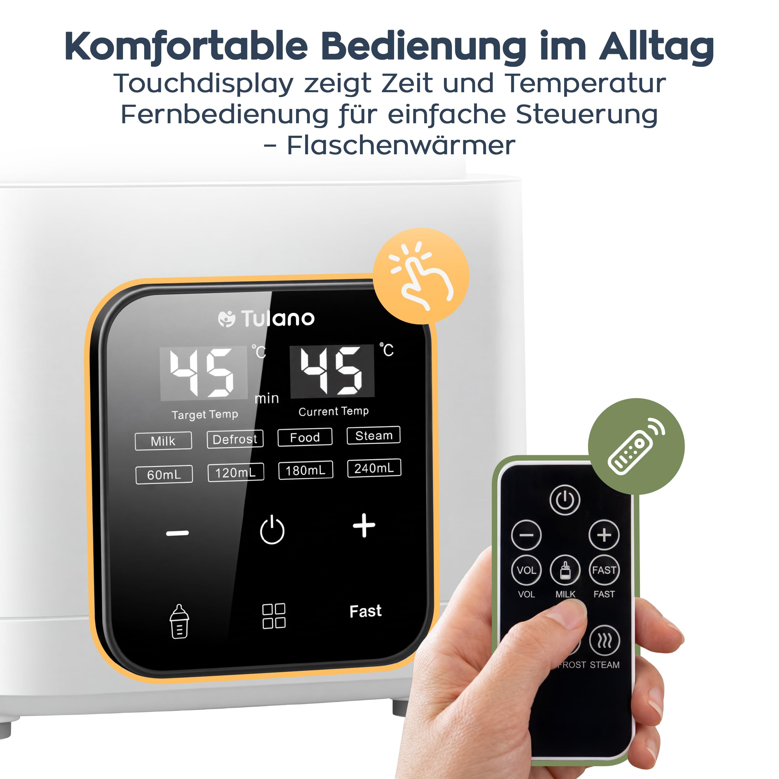 Tulano Ellie 55 8in1 Babykostwärmer mit LCD, Flaschenwärmer Baby, BPA-frei | Sterilisator für Babyflaschen und Fernbedienung – für 4 Fläschchen 60–240 ml – Auftauen und Warmhalten – Weiß