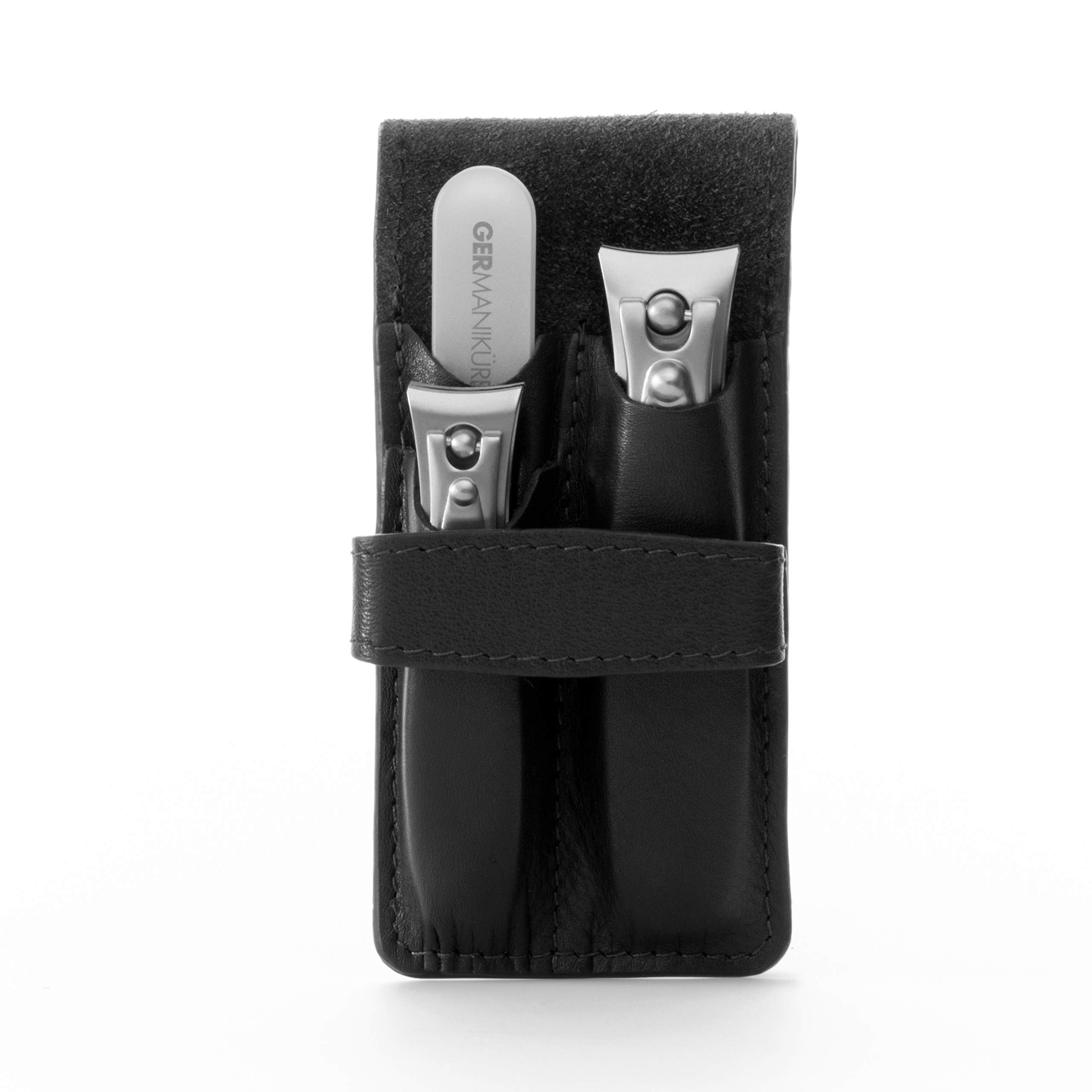 GERMANIKURE Set di tagliaunghie e lima per unghie in vetro in custodia in pelle nera – Made in Solingen Germany of FINOX Stainless Steel, Glass Nail Care Supplies Made in Czech Republic