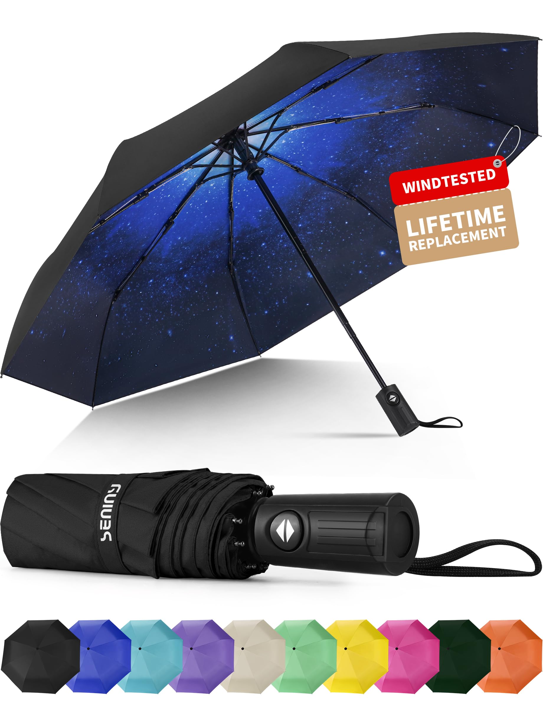 Seniny Windproof Travel Umbrella, Automatic Umbrellas for Rain, Portable & Compact Umbrellas for Backpack, Strong UV for Protection, Folding Small Sun Umbrella for Car, Walking Star