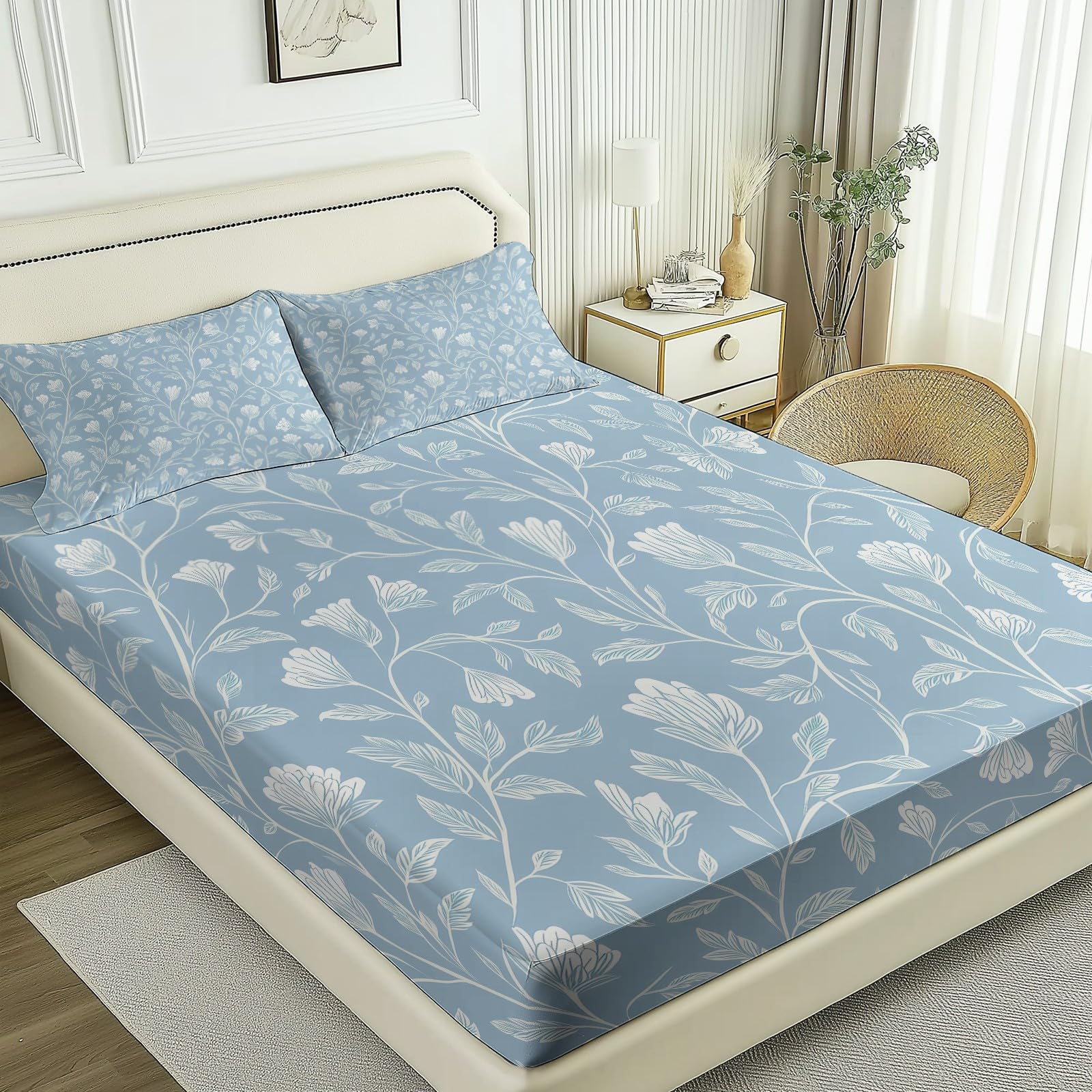 Bedrucktes Bettlaken 180 x 200 + 30 cm,Spannbettlaken für Schlafzimmer & Gästezimmer Aquarell Blumen Weiche Mikrofaser - Used_in Boxspringbetten bis 30cm Spannbetttuch Blau