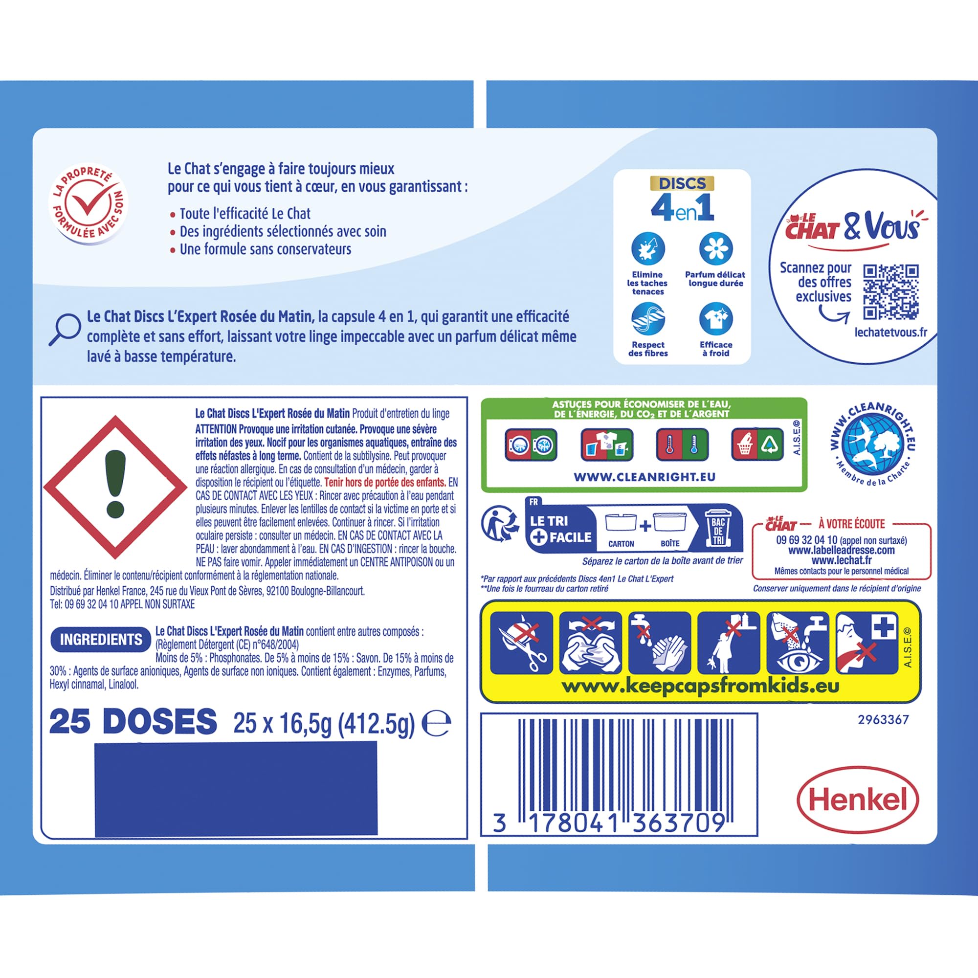 LE CHAT -L'Expert -Disc 4en1 - Parfum Longue Durée - Sans Conservateurs - Dissolution Rapide -Ingrédients Sélectionnés avec Soin -Efficace à Froid -Respect des Fibres - Efficacité Le Chat -75 Capsules
