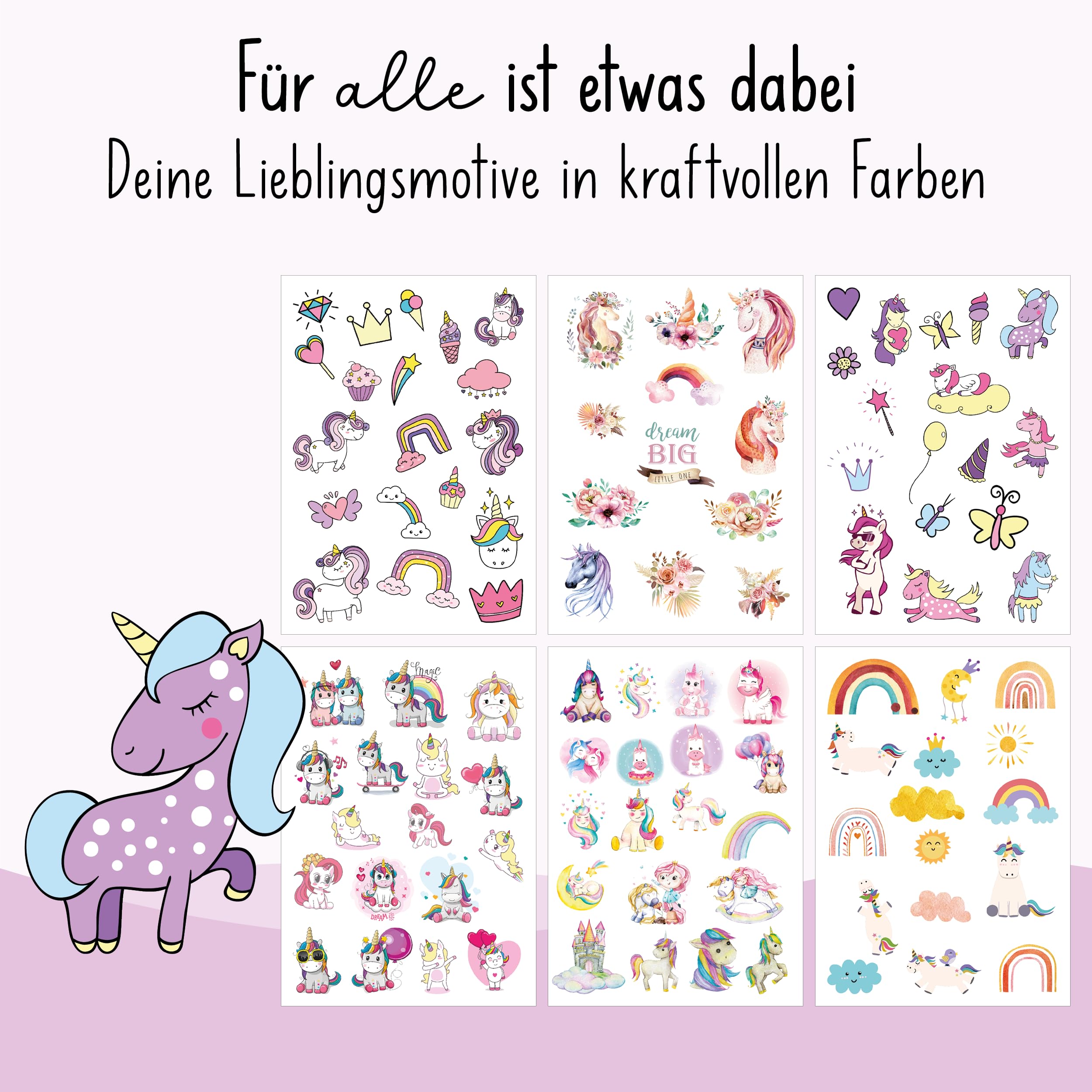 lila liebt dich® 100 angesagte Tattoo Kinder Motive mit Einhorn & Regenbogen // Kindertattoos hautfreundlich & getestet // Kinder Tattoo Mädchen Made in Germany // Einhorn Tattoos Mädchen Set - 2