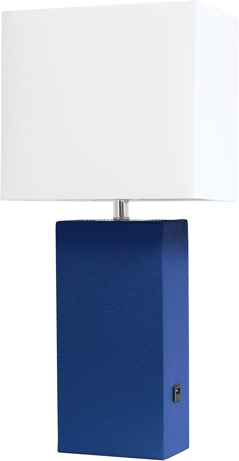 Suреr Sаlе 🛒 Elegant Designs LT1053-BLU Modern Leather USB and White Fabric Shade Table Lamp, Blue