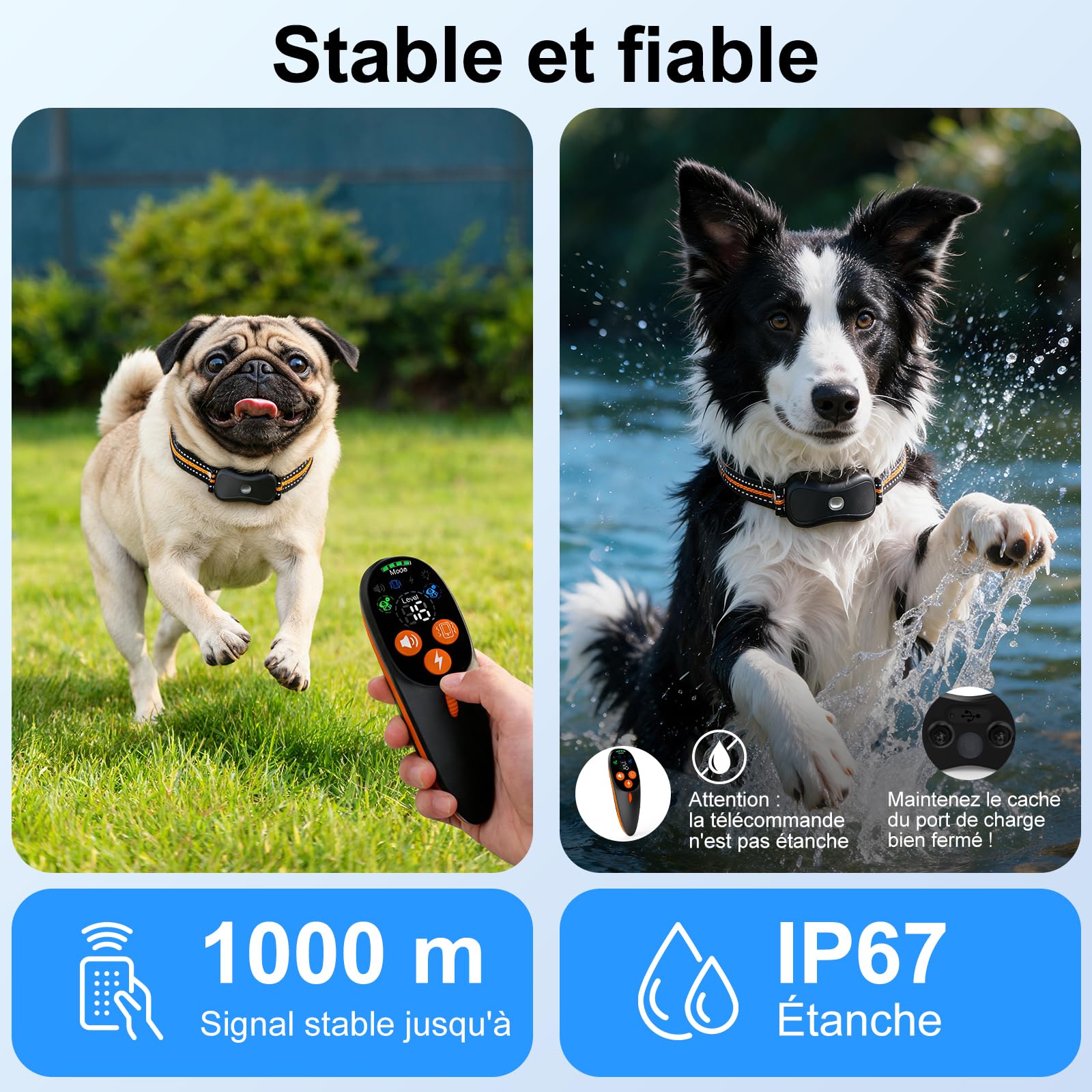 Collier Dressage 3 Modes Choc 1000m IP67 LED Rechargeable | Collier Dressage Chien Télécommande 3 modes (bip/vibration/choc), 1000m, IP67 récepteur, batterie 2h/15-60j, cou 67.5cm, LED