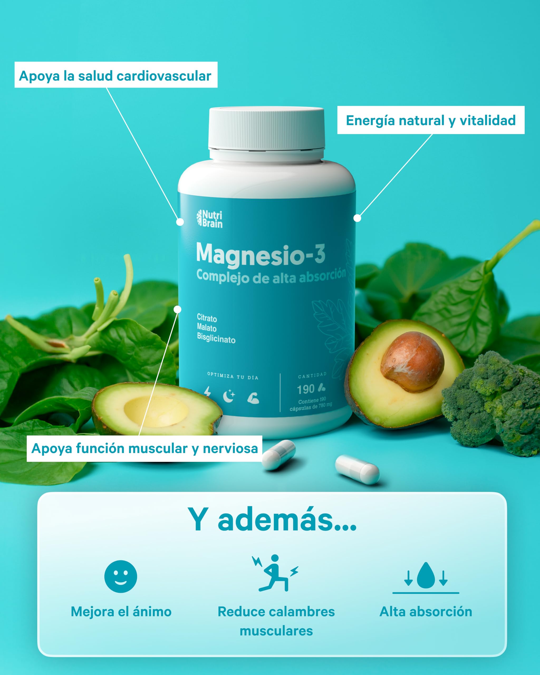 Magnesio Complex | CITRATO + MALATO + BISGLICINATO | 190 Caps | Dormir Mejor, Mayor Energía y Recuperación Muscular | Máxima Absorción y Biodisponibilidad | Apoyo en la Digestión y Estado Anímico