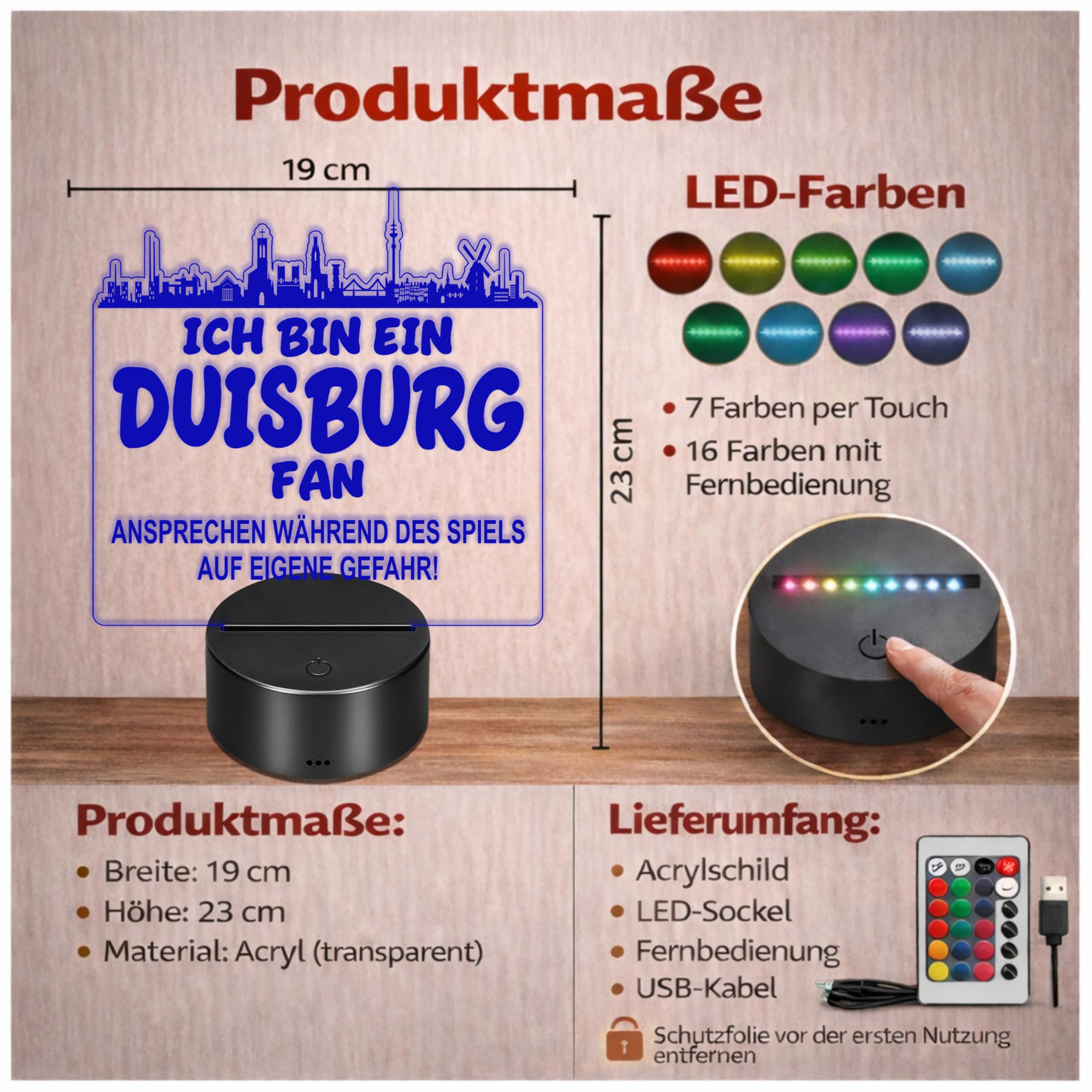 Lieblingsmensch Duisburg Fan Fußball LED Nachtlicht – 3D Skyline Design „Ansprechen auf eigene Gefahr“ – RGB Farbwechsel mit Fernbedienung & Touch – Stimmungslicht für die Man Cave – 19x23cm