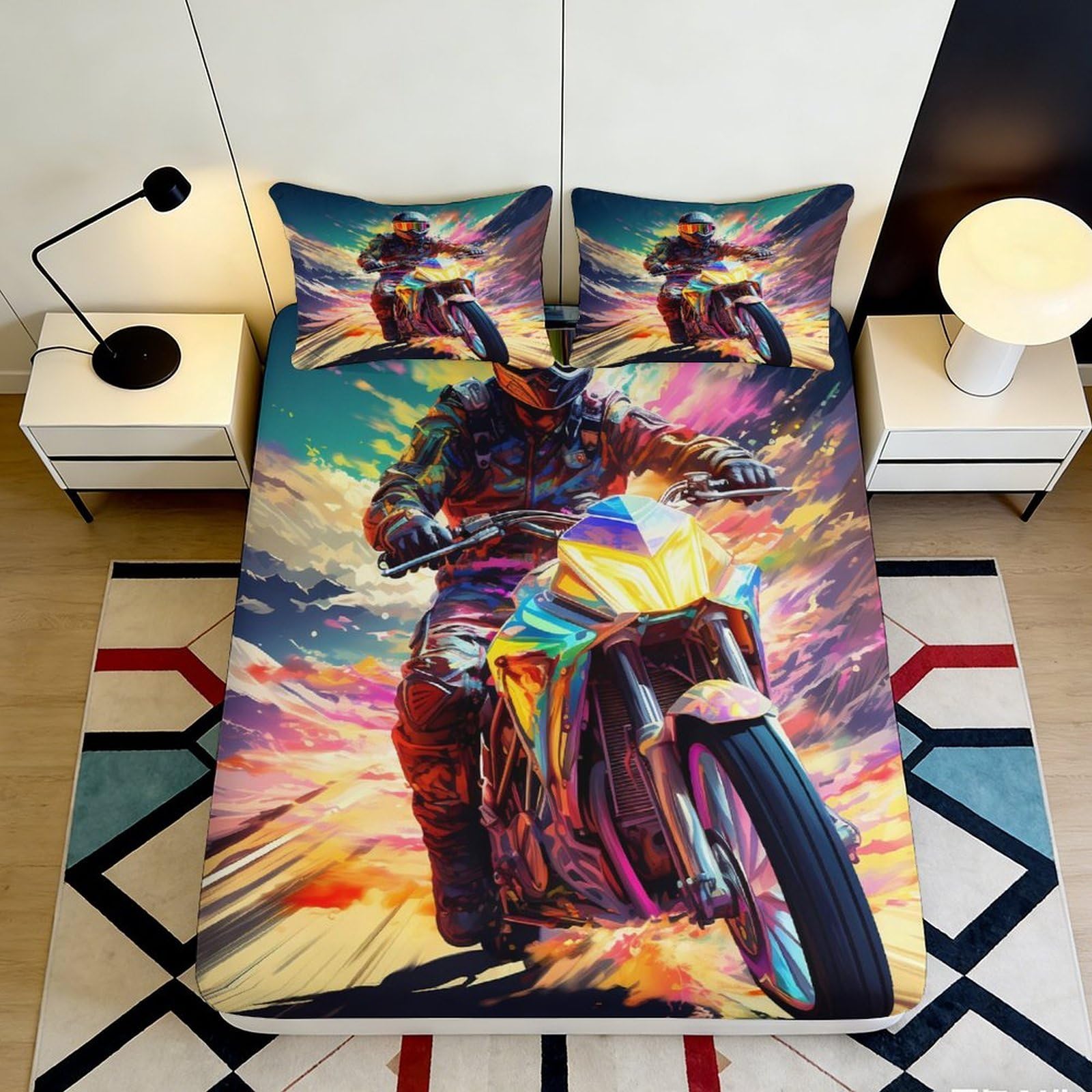 3D Printed Neon Motorcycle Fitted Sheet Microfiber Vibrant Urban Rider Bed Cover for Bedroom Dorm Mattress Decor 90x200x25cm