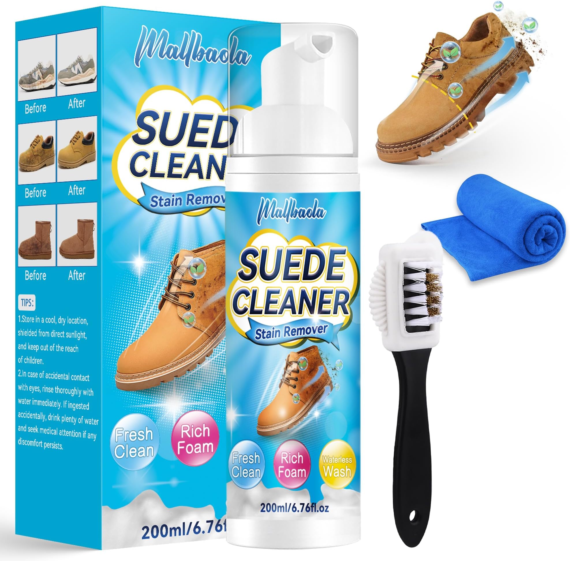 Suede and Nubuck Cleaner, 200ml Suede Cleaner with Suede Brush, Shoe Cleaner Removes Dirt & Stains, Trainer Cleaner Kit for White Shoes, Knit, Boots, Sneaker, Leather, Suede, Nubuck Cleaner