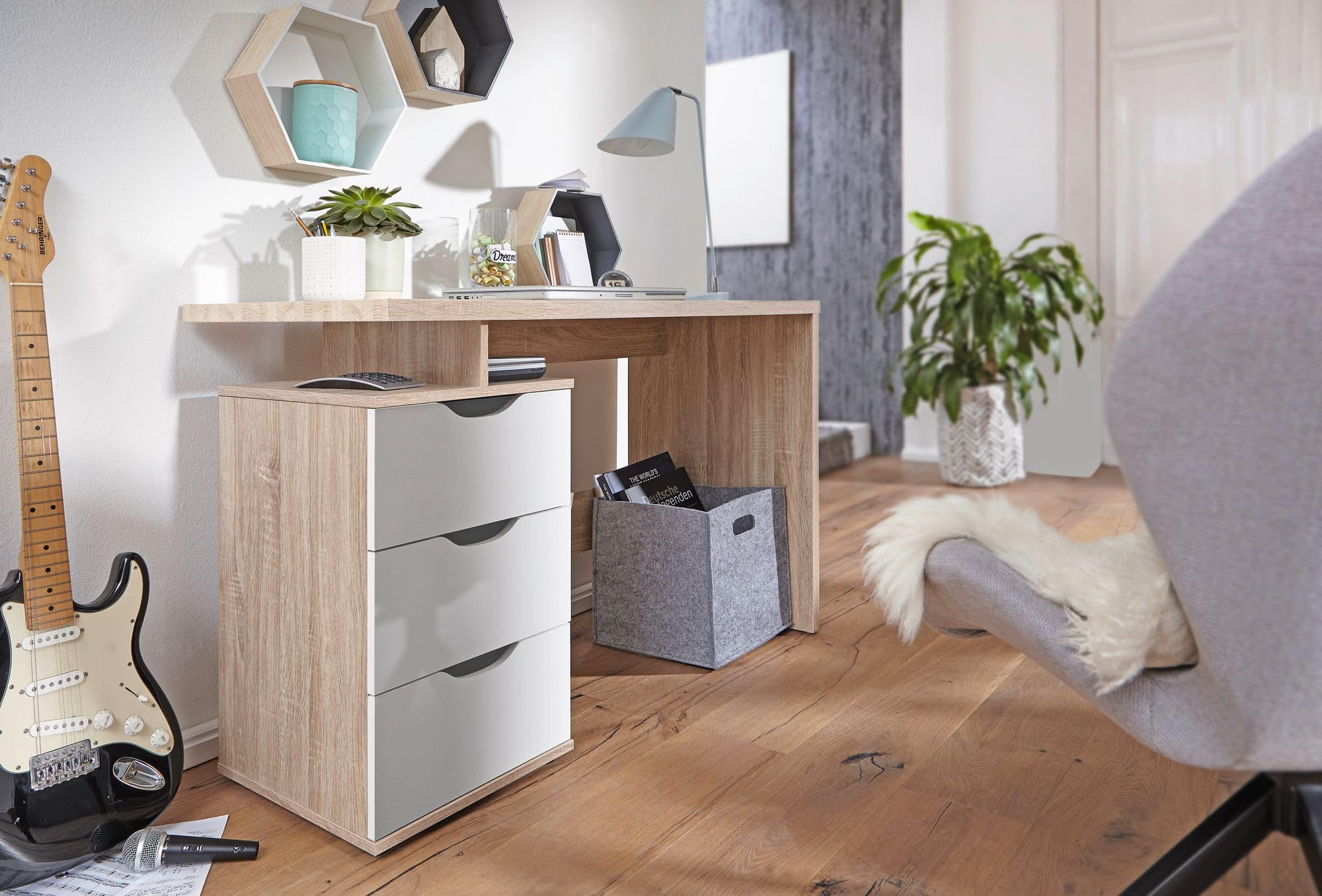FineBuy Bureau MASSA 120x53x76 cm Sonoma Blanc, 3 Tiroirs | table d'ordinateur pour ados, table pour ordinateur portable gain de place poignées encastrées