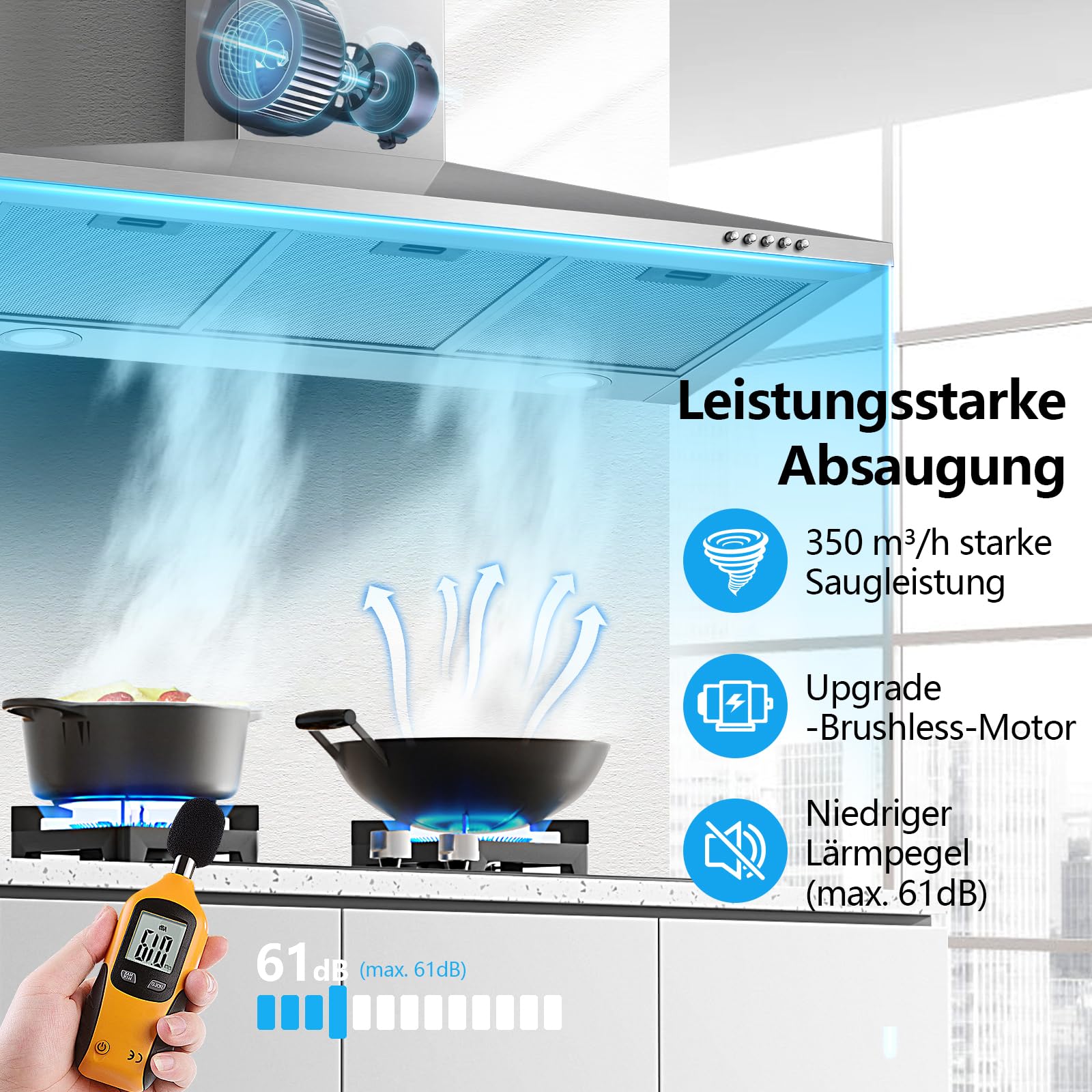 SNDOAS A++ Dunstabzugshaube 90cm Umluft/Abluft, 350 m³/h | Abzugshaube 90cm Breit mit Aktivkohlefilter Fettfilter, 3 Leistungsstufen, Edelstahl Wandhaube Dunstabzugshaube, LED-Licht