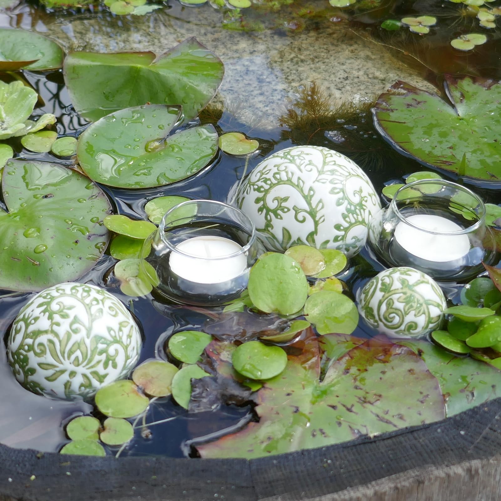 Storm's Gartenzaubereien Palline decorative – Palline galleggianti in ceramica, set da 3 pezzi con motivo a rose in rosa, 2 misure con 2 bicchieri galleggianti come decorazione per laghetti