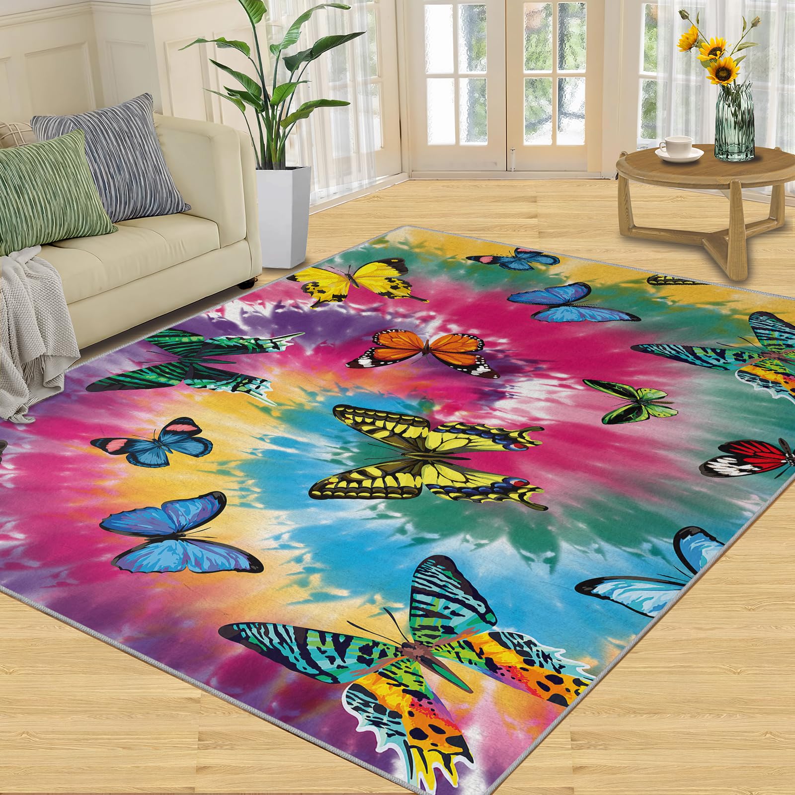 QDJKBL Area Rug 120 X 170 Cm Watercolor Butterfly Animal Children'S Carpet, Rainbow Oil Painting Graffiti Background Modern Rug, Office Rug Easy Care for Patio Office