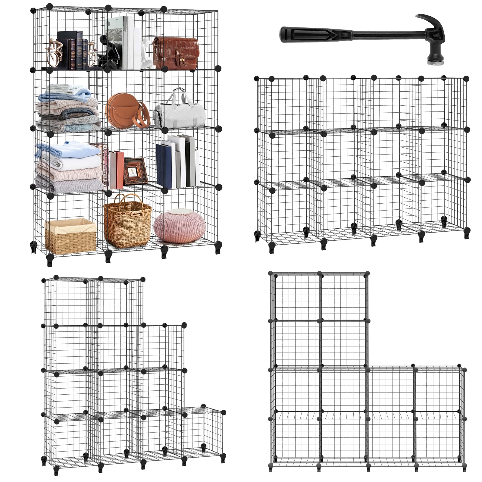 12 Cube Wire Grid Stackable Storage Shelves, Shoe Cabinet Modular Mesh Panel Organizer with Mallet, Large Capacity Metal Wire Fence DIY Combination Display Stand Unit, Wardrobe Closet Cabinet Bookcase