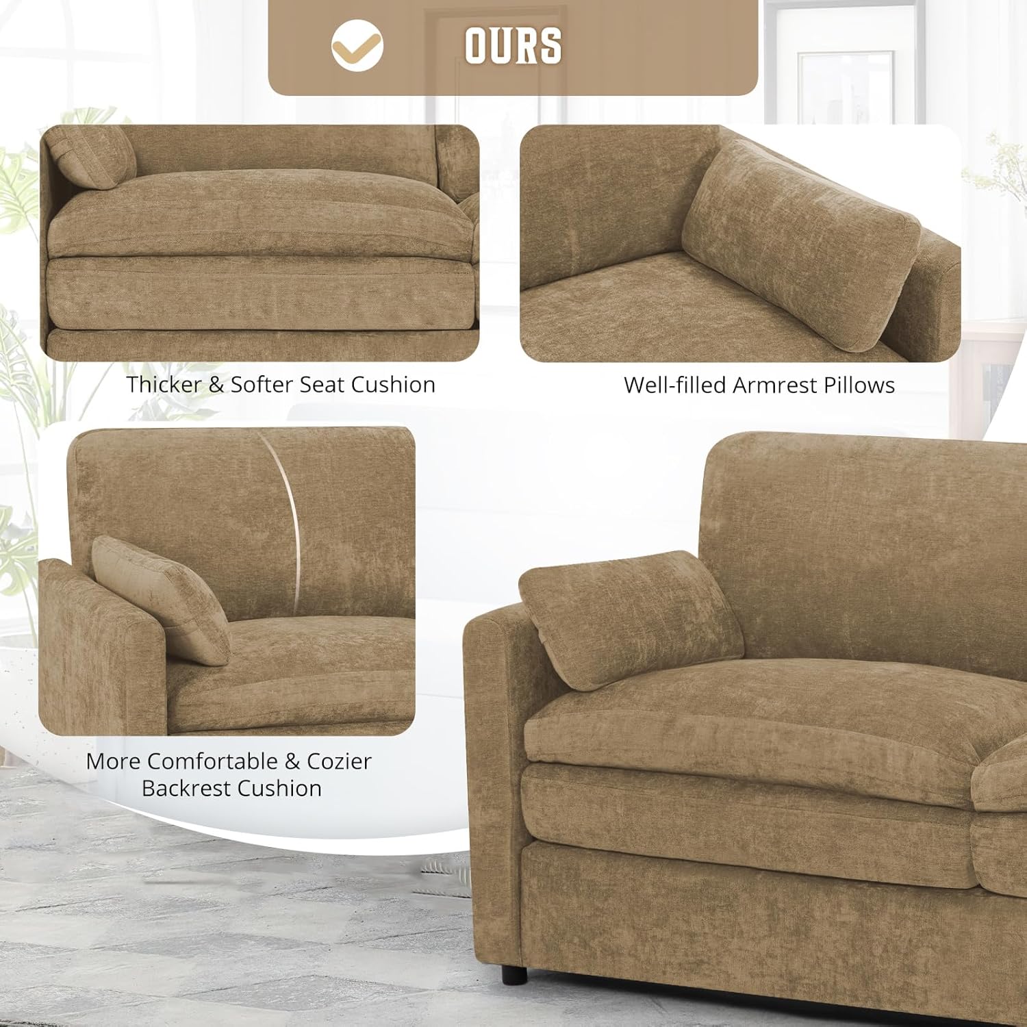 2 Pieces Chenille Sofa Set with Soft Pillows, Comfy 3-Seat and Loveseat Couch with Thickened Cushions, Modern Upholstered Sectional Sofa with Deeper Seats for Living Room, Apartment, Camel