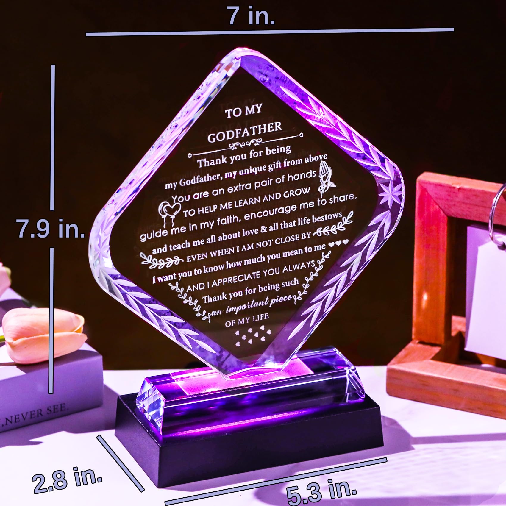 Arikyrist Geschenk für Patenkind mit buntem LED-Sockel, Kristall-Geschenk für Patentochter, Lasergravur an den Vatertag oder Weihnachten