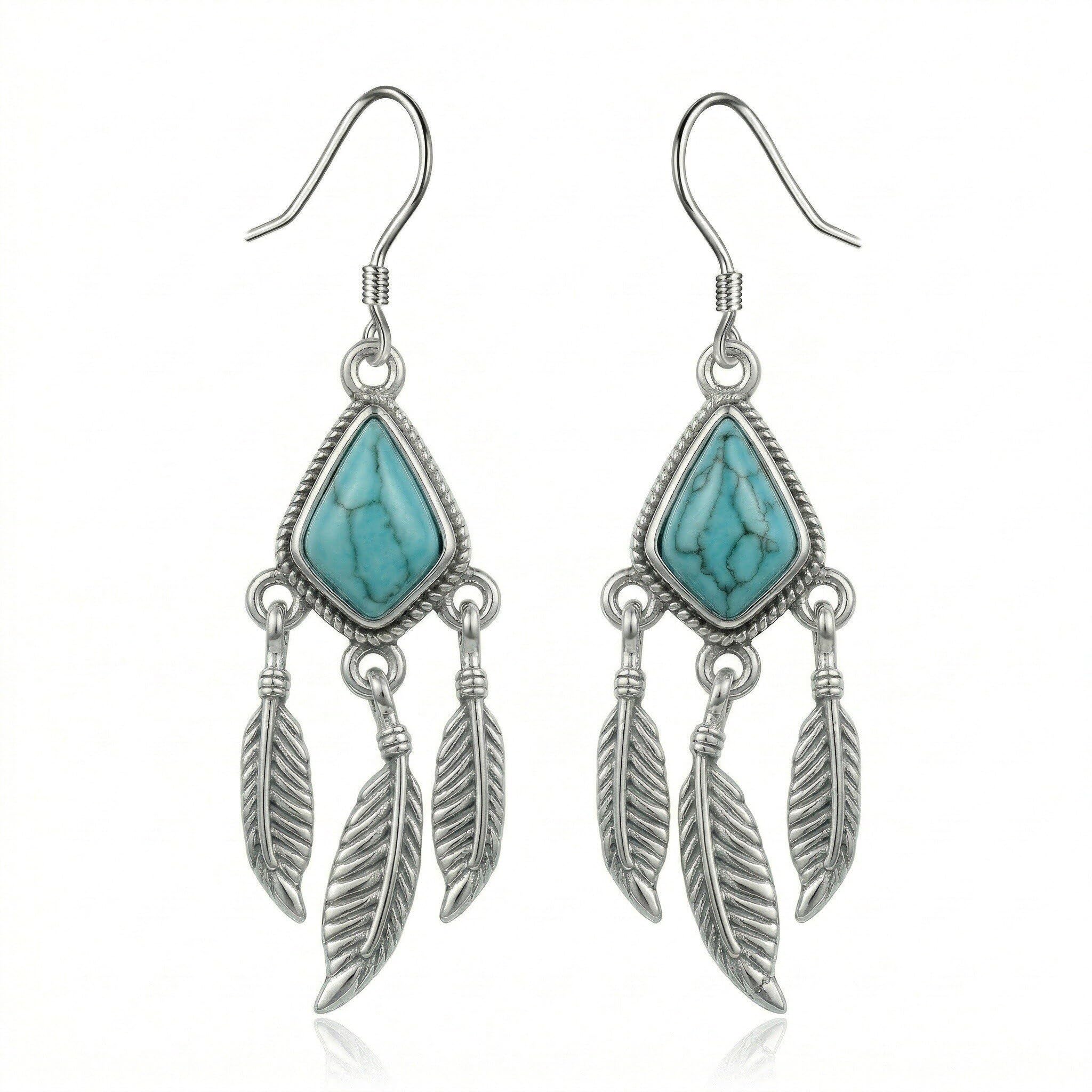 Orecchini pendenti da donna in argento Sterling 925 con piume turchesi, stile bohémien, vintage, con gancio, gioielli occidentali da donna