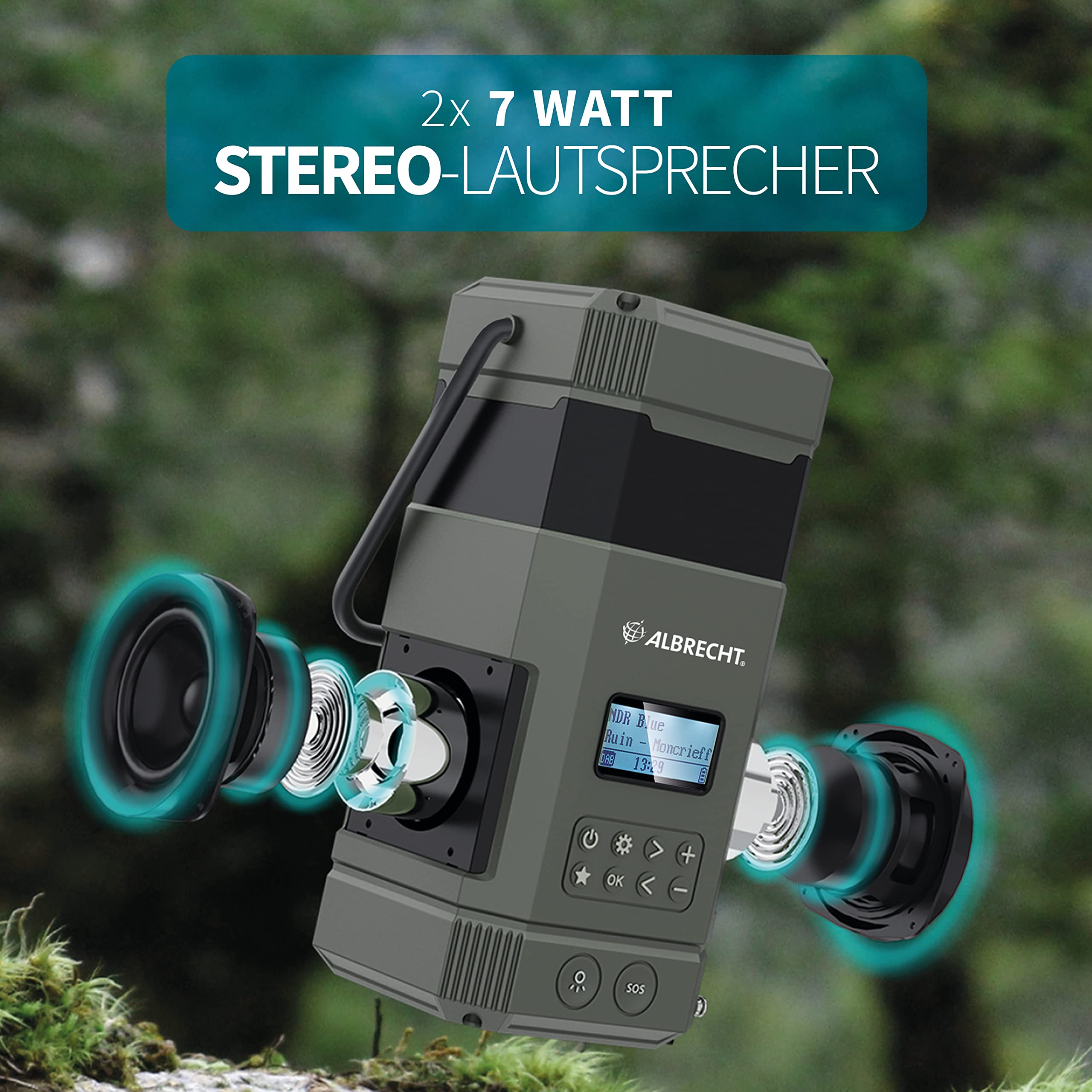 Albrecht DR 114, tragbares DAB+/UKW Outdoor Kurbelradio, 27912, SOS-Notruf, Campinglampe, Taschenlampe, Solarmodul, PowerBank, IPX5 Wasserschutz