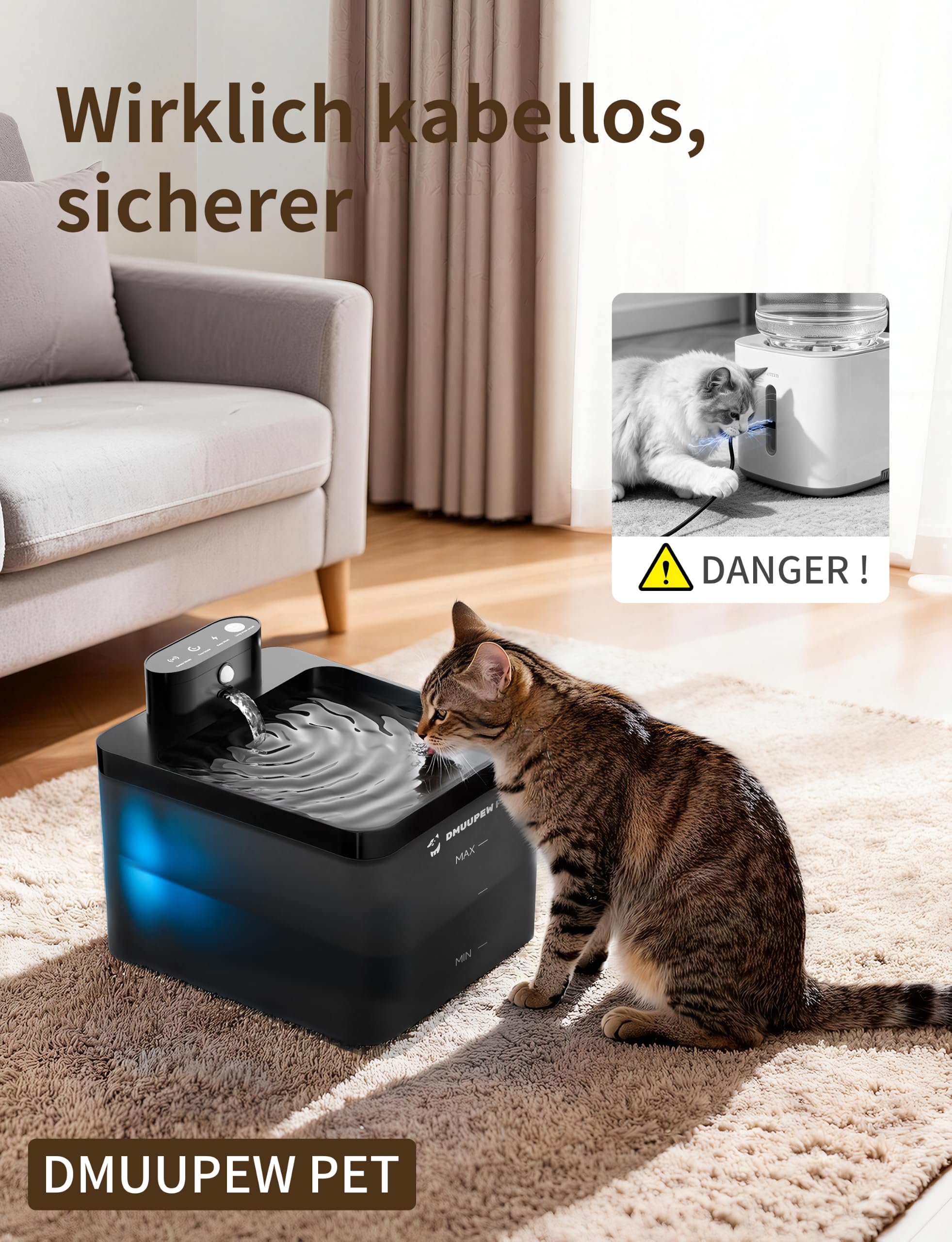 Katzenbrunnen, 2,2 L, kabellos mit LED, Bewegungsmelder, leise Pumpe 30dB, Batterie 2600mAh, Premium-Filtration