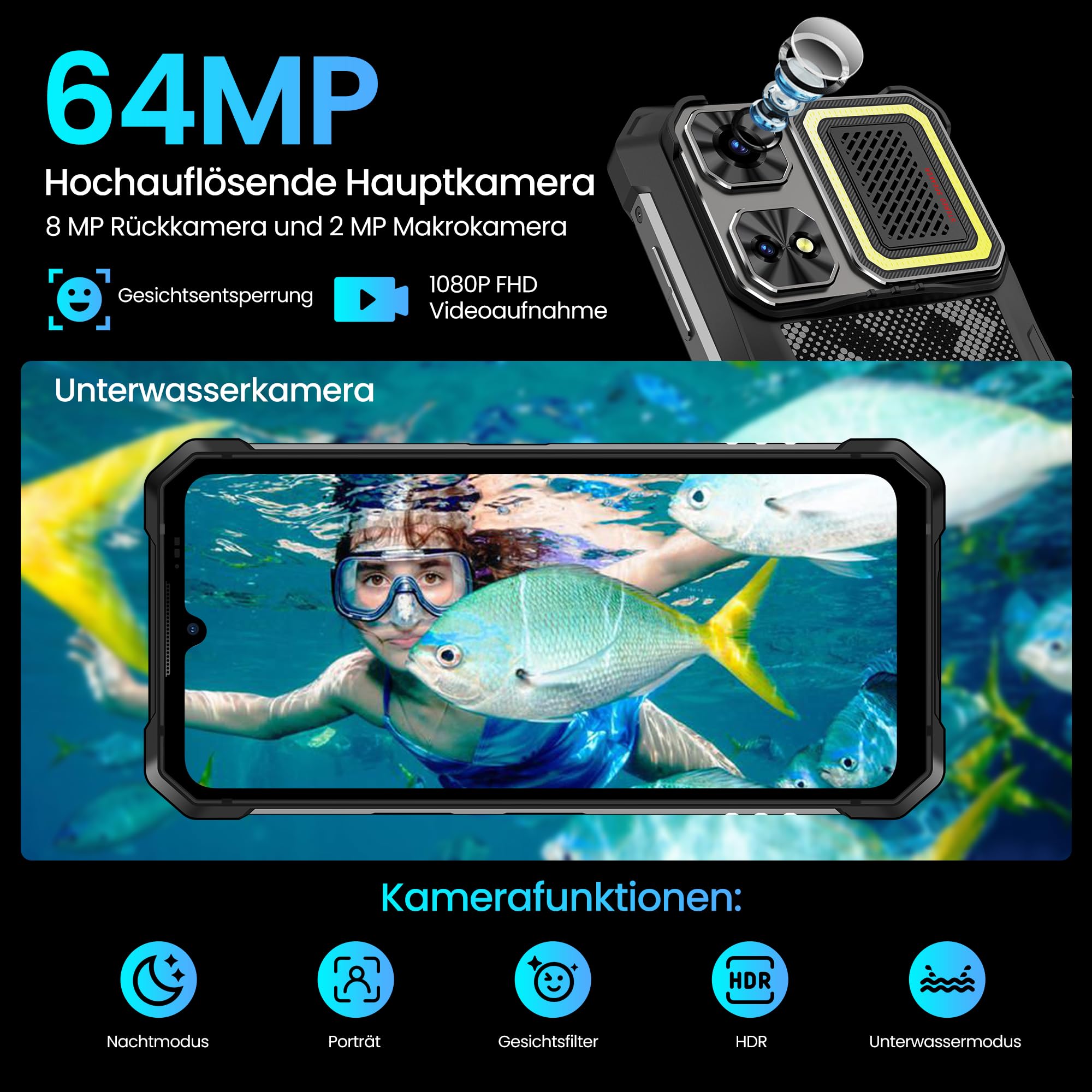 Rhino 1 Pro Outdoor Smartphone Android 16-12000mAh/33W 24GB+256GB/1TB Outdoor Handy, 64 MP 6.9" HD+ 120Hz, 130dB Duale Stereo Lautsprecher Baustellenhandy mit Campinglampe, 4G/NFC/eSIM/OTG