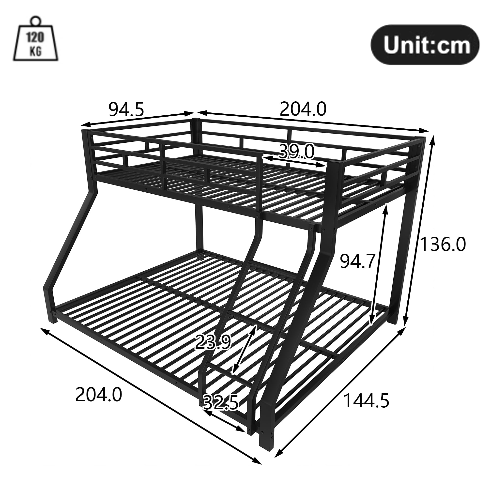 Litera doble para niños, barandilla, con escalera segura, sin colchón, diseño elegante, adecuado para cualquier decoración de habitación infantil, metal, 90 x 200 cm, 140 x 200 cm (negro)